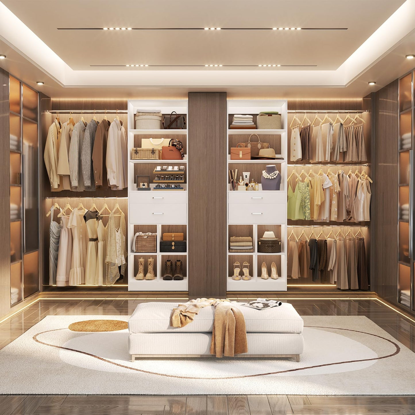 Besiost Closet System, 4-8 FT Closet Organizer Tower with 2 Wooden Drawers and Shelves, Can Fit 60 to 96 inch Walk-in Closet System with 5 Hanging Rods, Built-in, White