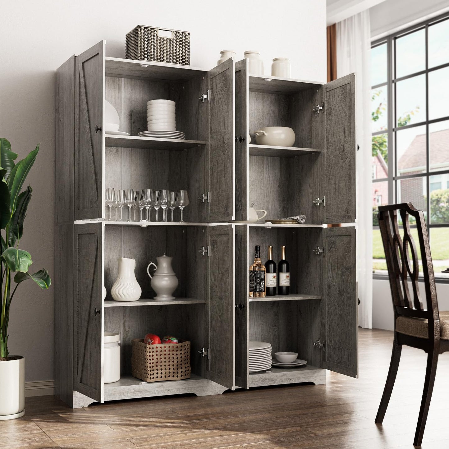 LYNSOM Farmhouse Storage Cabinet 72" Tall, Kitchen Pantry Cabinet with 4 Barn Doors and Adjustable Shelves, Freestanding Storage Cabinets for Kitchen, Grey