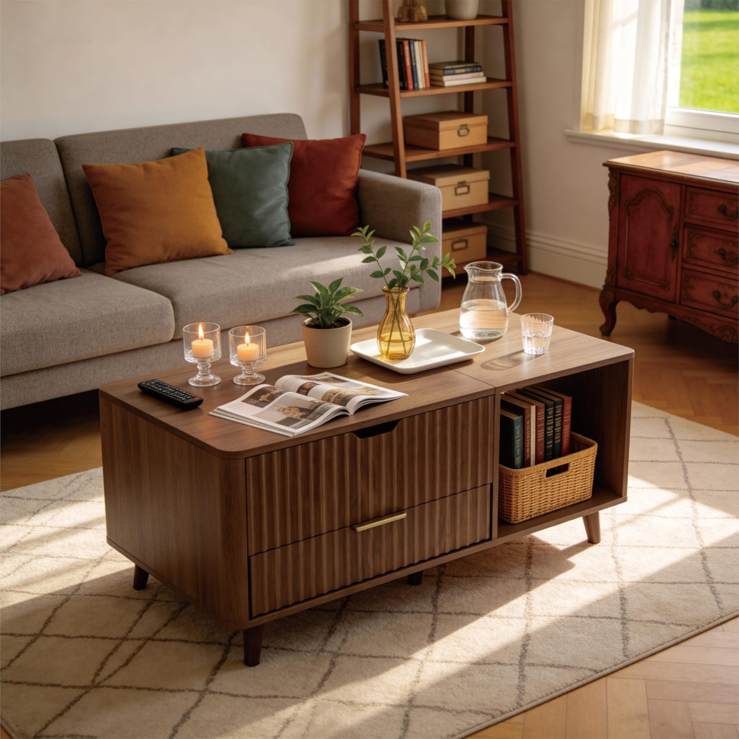 DAWNYIELD Fluted Lift Top Coffee Table with Hidden Storage, Center Table with Drawer & Open Shelf, Multi-Functional for Living Room, Space Saving, Oak