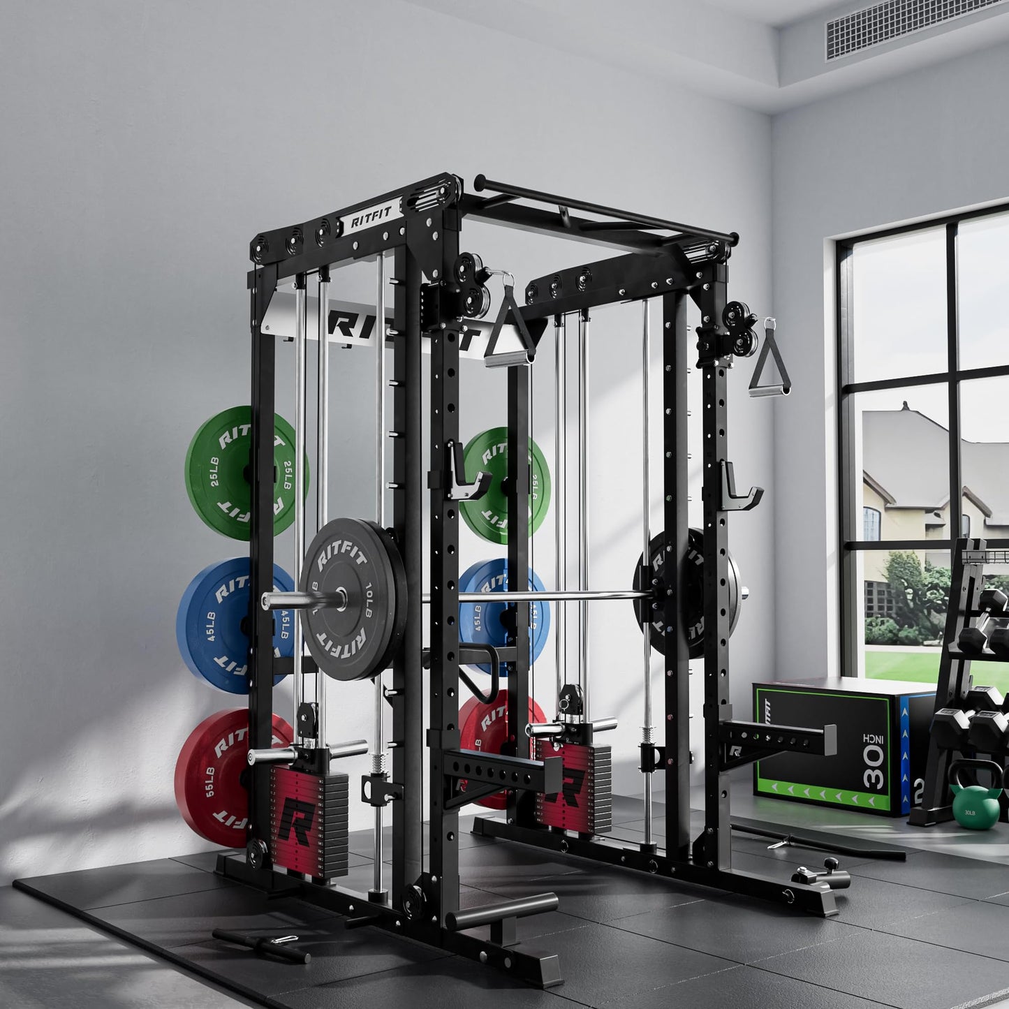 RitFit M2 Smith Machine with Cable Crossover System, 3D Functional Trainer & Power Cage, 16 Adjustment Holes, 6 Storage Pegs for Full-Body Home Gym(M2 PRO-3D Black with BP230)