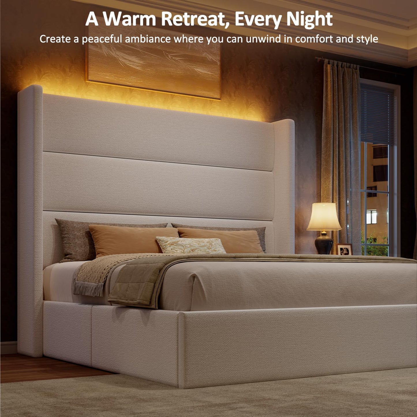Glirun Queen Size Bed Frame, 55" Tall Headboard with Wingback, Chenille Fabric Upholstered Platform Bed, Large Storage Drawer, Charging Station, LED Lights, Noise-Free, No Box Spring Needed, White