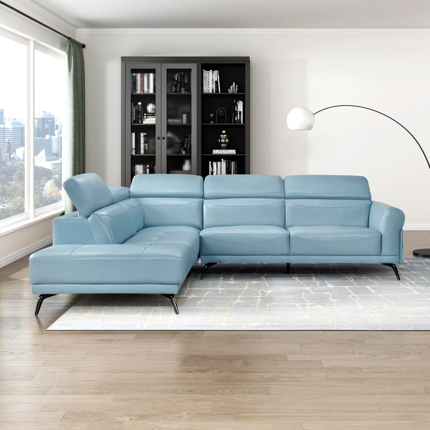 Lexicon L-Shaped Sectional Couch with Left Chaise, Top Grain Leather Match Sectional Sofa, Adjustable Headrests, Black Chrome Metal Legs, High-Density Cushions, Stitching, for Living Room, Blue