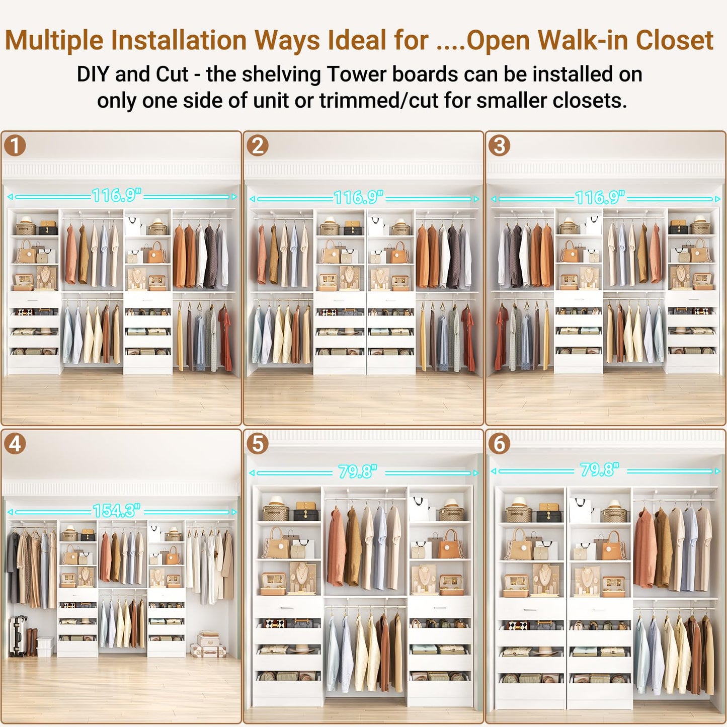 Aheaplus Closet System with 8 Wooden Drawers, Wood Closet Organizer System with Tower, Walk-in Closet Organizer Wardrobe Clothes Rack with 4 Hanging Rods, Garment Rack, Cut to Fit 7-12Ft, White