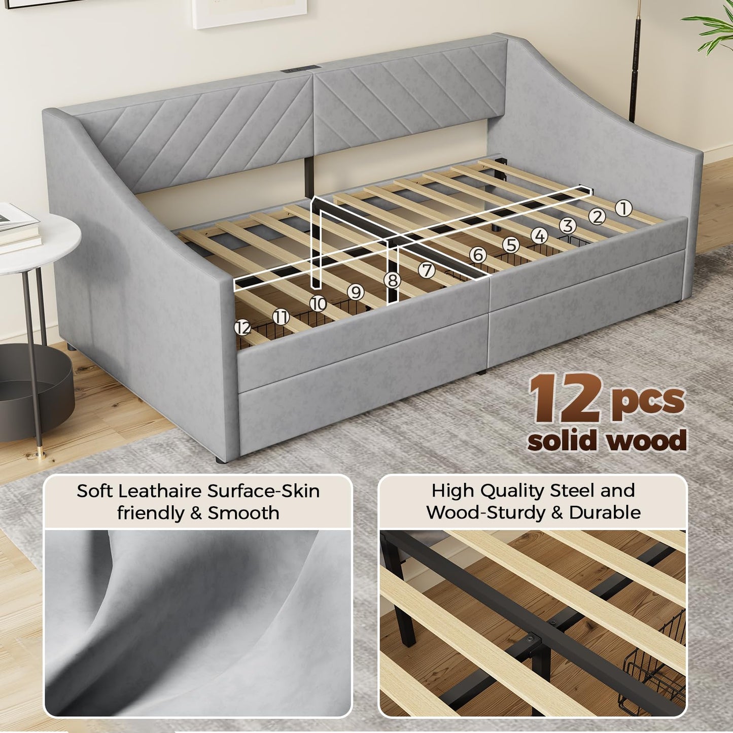 Mashomdec Twin Size Daybed with 2 Storage Drawers, Upholstered Daybed Frame with Charging Station, Heavy Duty Sofa Bed for Bedroom, Living Room, No Box Spring Needed,Easy Assembly