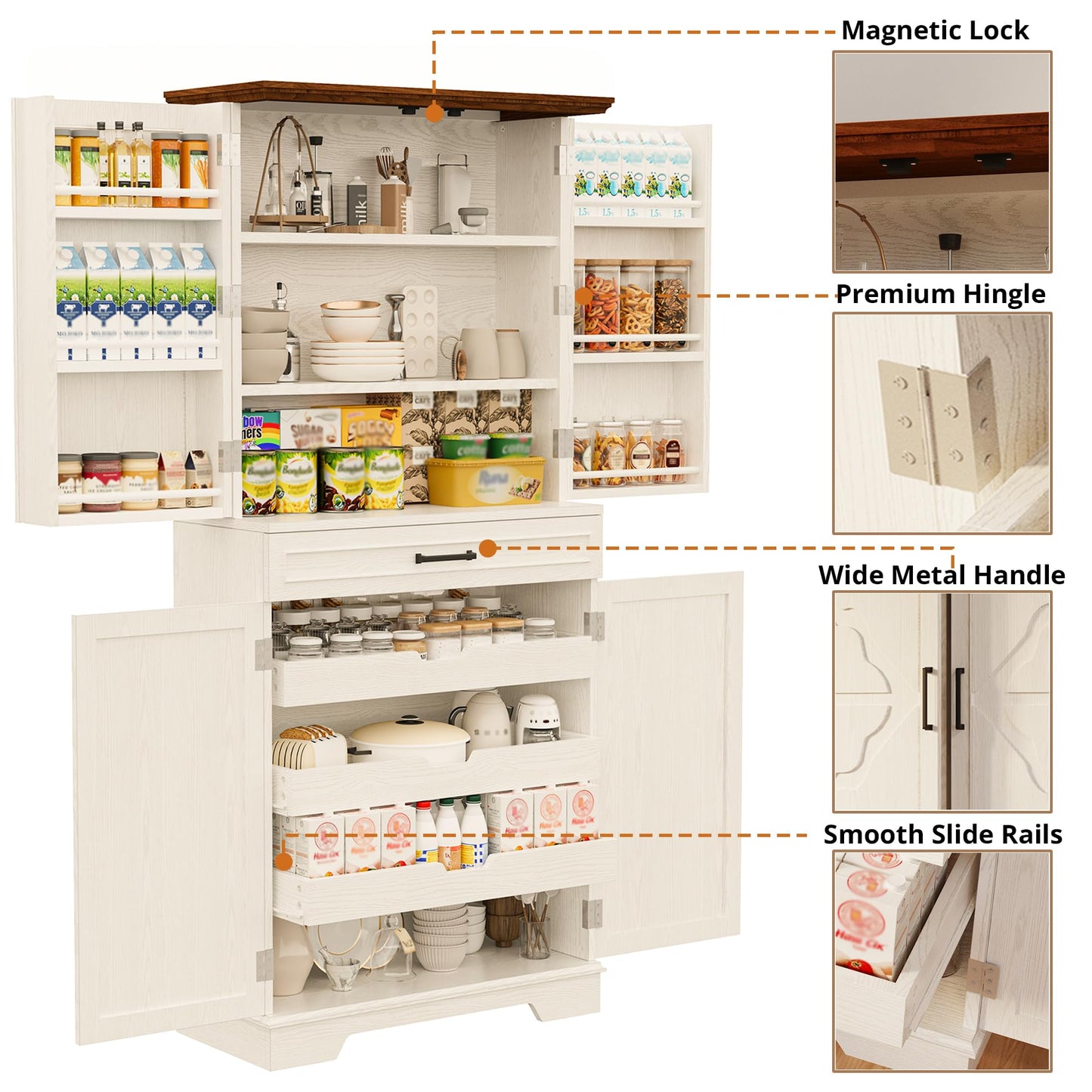 IRONCK Farmhouse Pantry Cabinet, 72" Tall Kitchen Storage Cabinet, Freestanding Cupboard with Sliding Rack & 6 Hanging Shelves,Kitchen Pantry Furniture for Dining Room, Easy Assembly, White