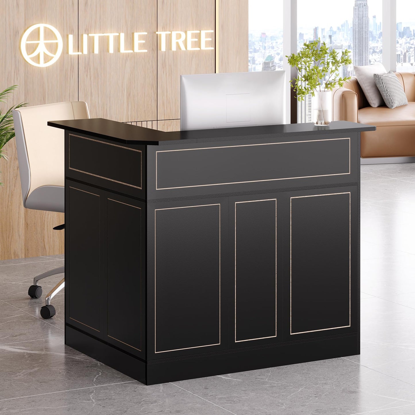 LITTLE TREE Black Bar Cabinet, 4-Tier Home Mini Bar Cabinet with Stemware Rack, Freestanding Wooden Storage Cabinet, Modern L-Shaped Liquor Table Cabinet for Living Room, Dining Room