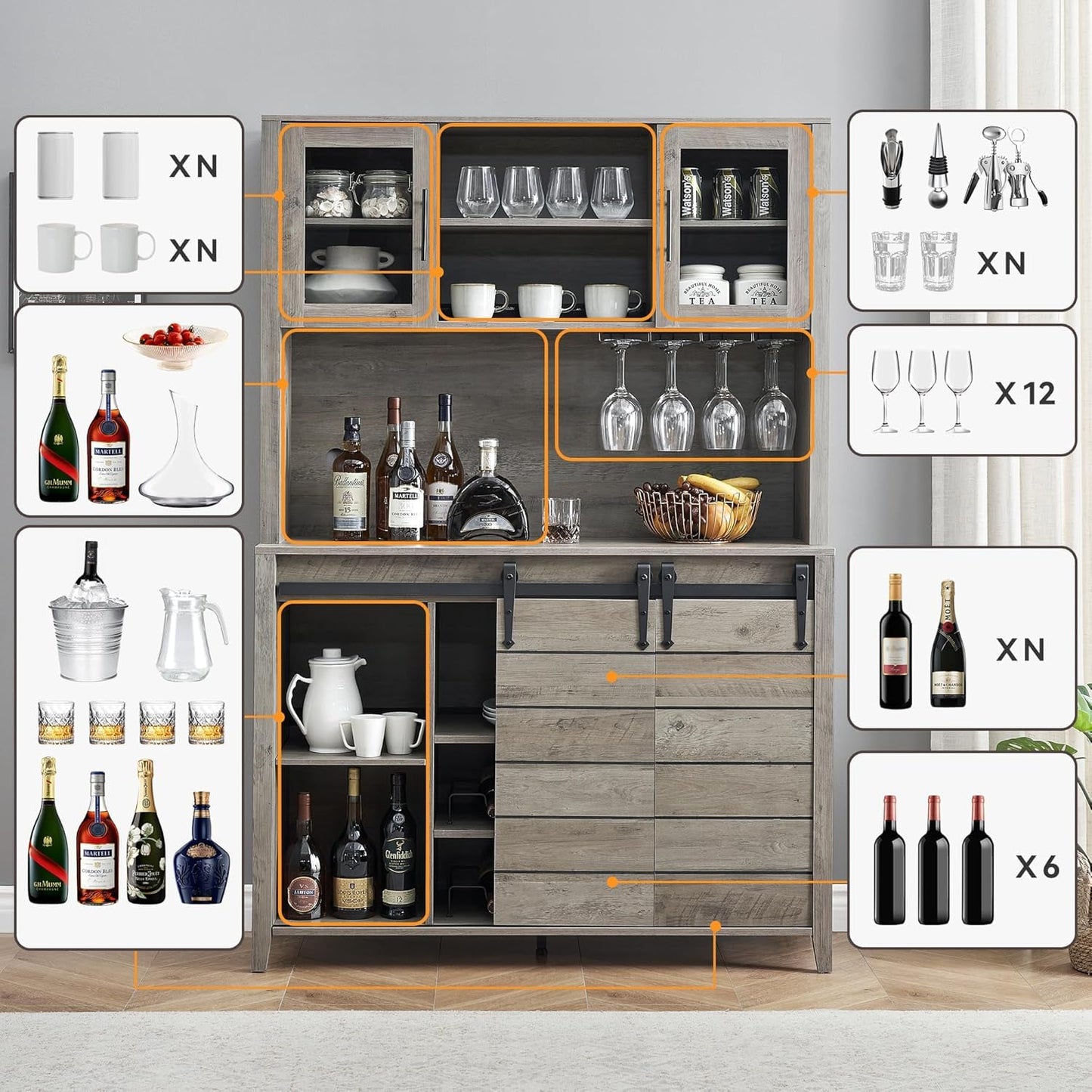 IDEALHOUSE 70'' Wine Coffee Bar Cabinet with Storage Hutch, Tall Kitchen Pantry Liquor Cabinet with Sliding Barn Doors, Bottle Glasses Rack, Farmhouse Buffet for Home Dining Room, Gray Oak