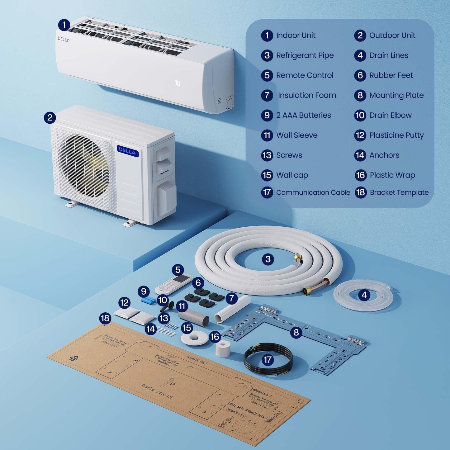 DELLA Econo Series 11500 BTU 115V Mini Split Air Conditioner with Heat Pump, Works with Alexa and Wifi, 17 SEER2 Cools up to 550 Sq. Ft, Ductless Inverter System, 16.4ft Installation Kit Included