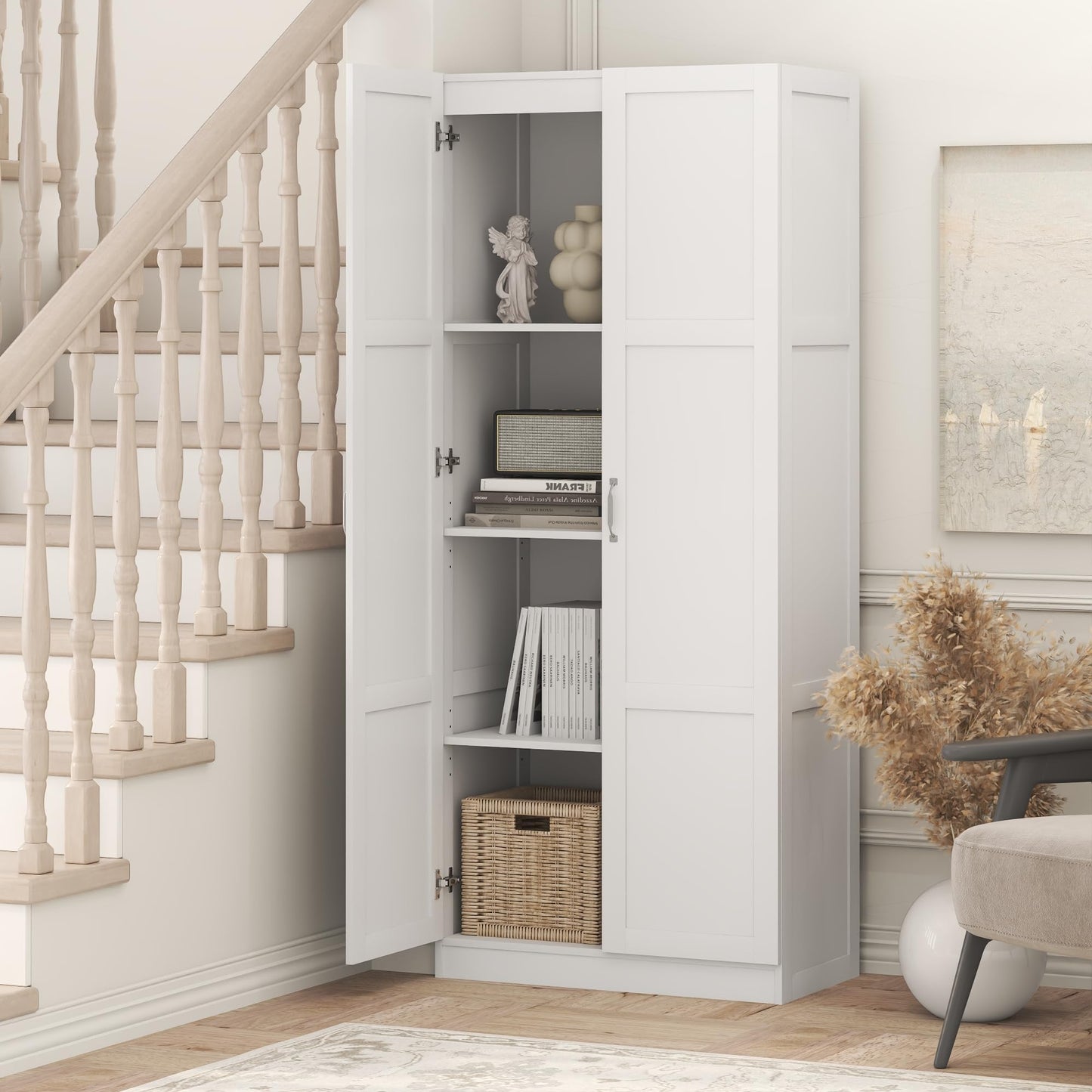 Furinno Robin 4-Tier White Storage Cabinet, 30-Inch Pantry Cabinet with Adjustable Shelves & 2 Shaker-Doors, Kitchen Cabinet, Organization and Storage, for Pantry, Home Office, Plain White