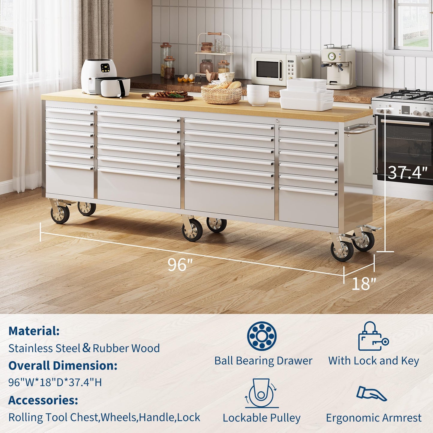 GarveeLife 96-Inch Rolling Tool Chest with 24 Drawers Garage Workbench, Solid Rubberwood Top, Storage Cabinet with Wheel Lock and Key Lock for Workshop, Garage, Kitchen and Home