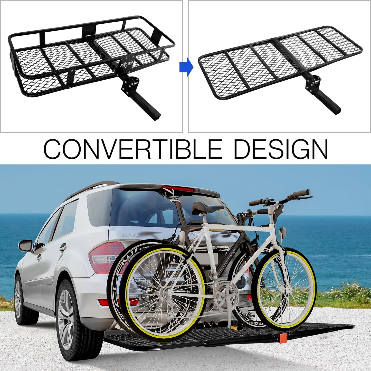 PINGDIR Folding Hitch Mount Cargo Carrier Hitch Rack Basket 60"*21.5"*6" Hauling Weight Capacity of 500 Lbs, Waterproof Cargo Bag 58" 19" 24", with Hitch Stabilizer,Cargo Net and Ratchet Straps