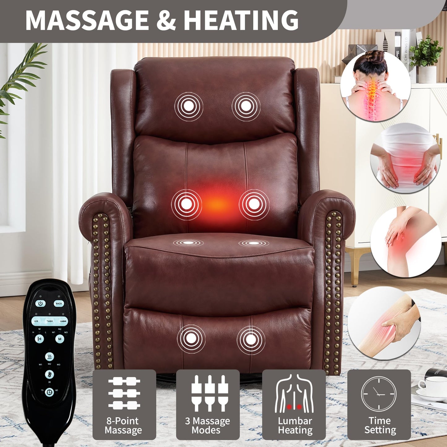GDFStudio Heat Massage Manual Recliner Chair with Rocking and 360° Swivel Base, Genuine Leather Recliner Chair with Lumbar Heat, 8-Point Vibration Massage, 155° Reclining Living Room Chair, Wine Red