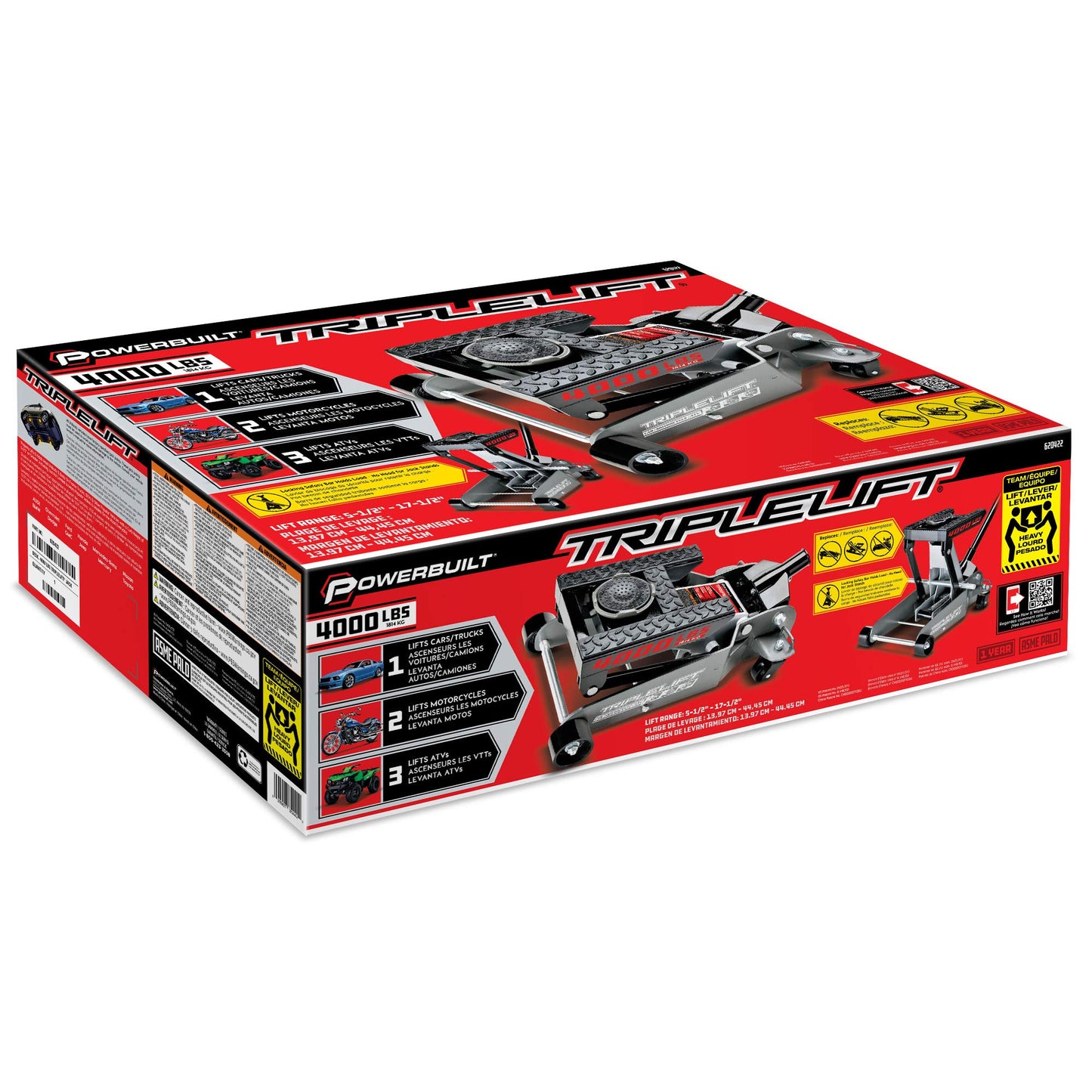Powerbuilt 2 Ton Triple Lift Floor Jack, Works on Cars, Trucks, Motorcycles, ATV's, Transmissions, 4-3/4 to 17 in. Range, Wide and Stable, Locking Safety Bar - 620422E