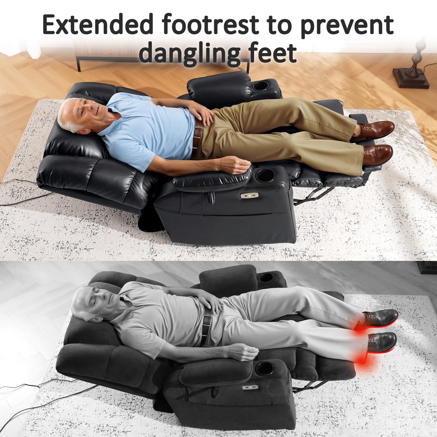MCombo Triple Motor Lay Flat Power Lift Recliner Chair for Tall Elderly, Infinite Position, Massage, Dual Heating, Adjustable Headrest, Faux Leather 7634 (Black, Large)