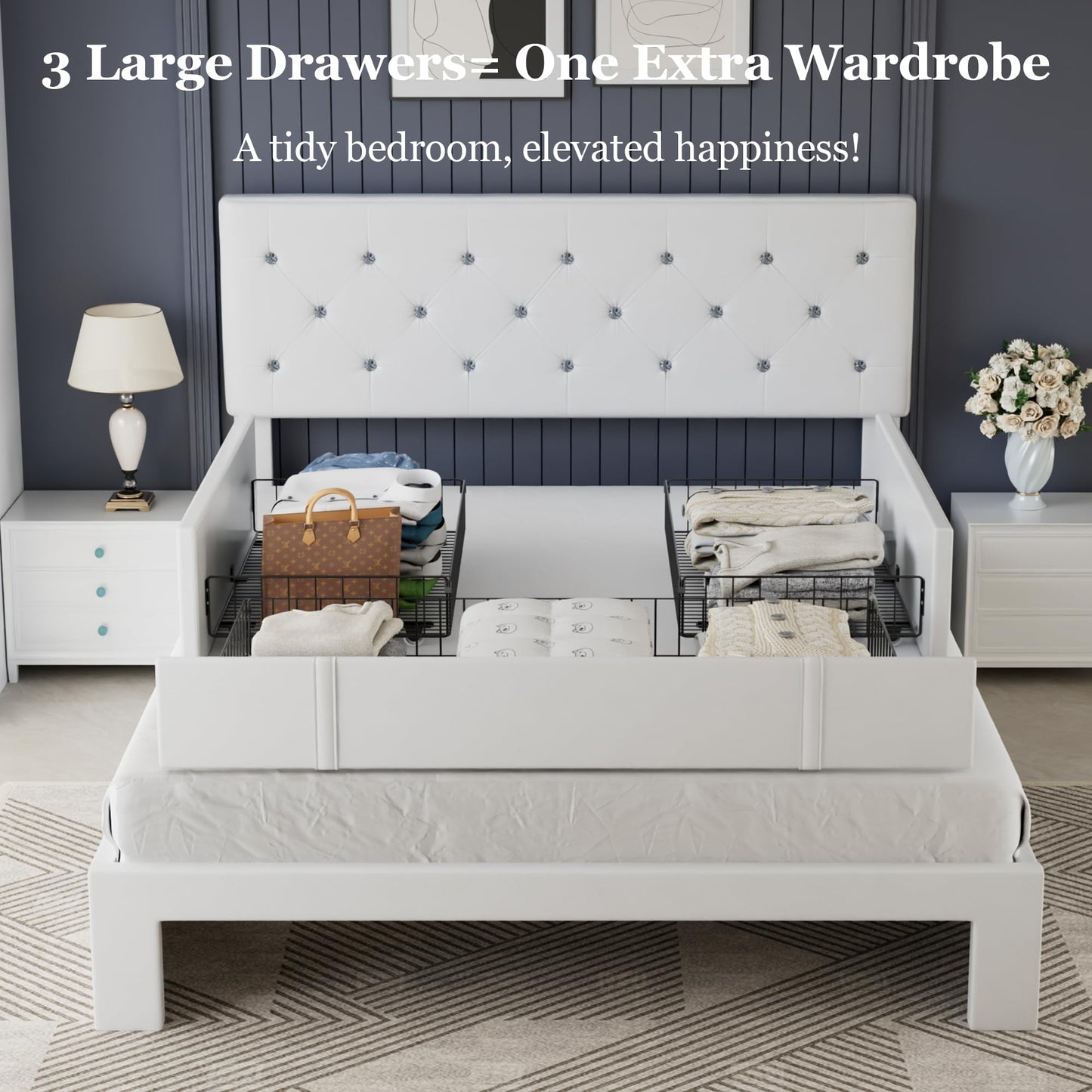 VECELO Full Size Bed Frame with 3 Storage Drawers, Leather Upholstered with Diamond Tufted Headboard, Solid Wood Slat Support & Steel Framework, PU & White