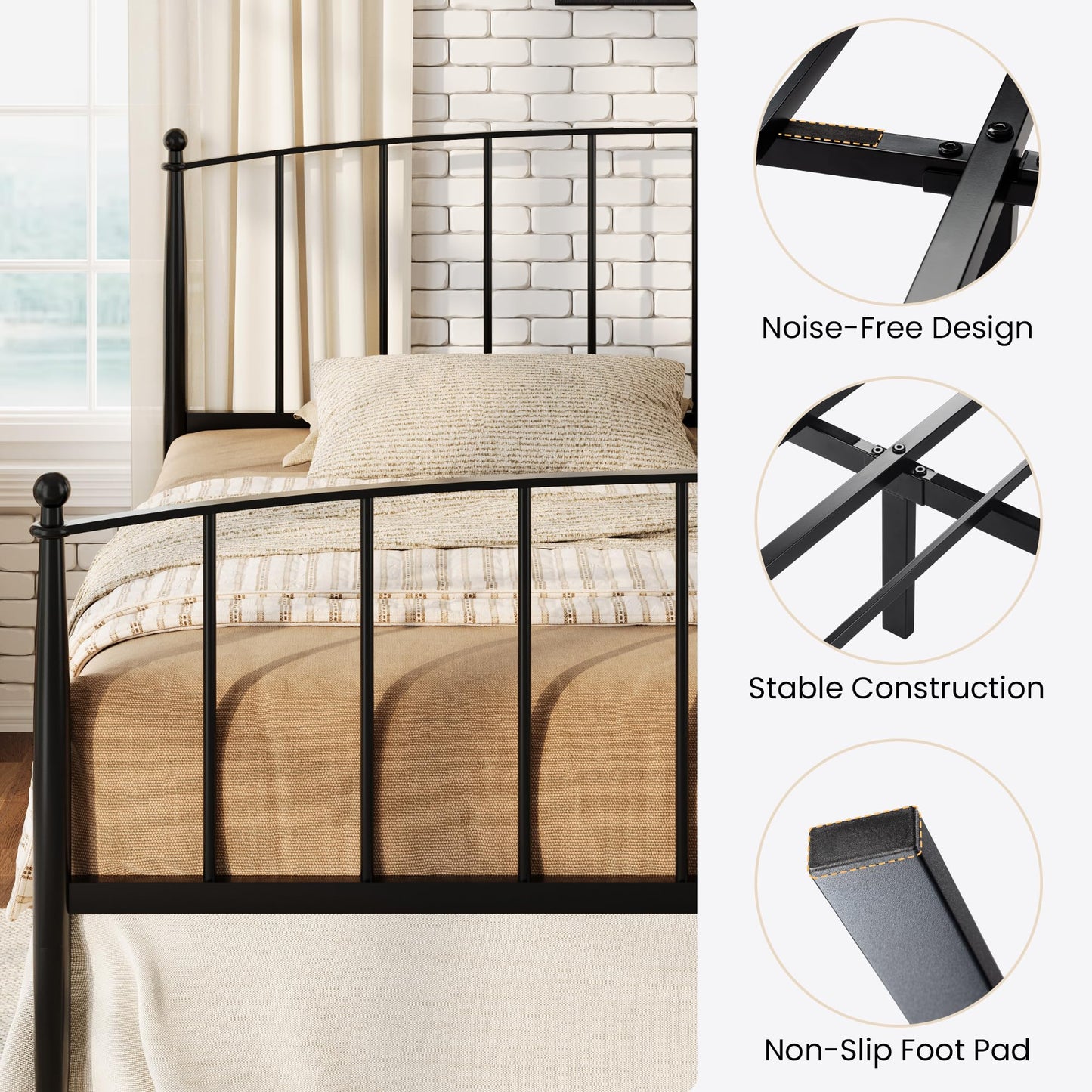 SHA CERLIN King Size Metal Platform Bed Frame with Victorian Style Iron-Art Headboard and Footboard, Easy Assembly, No Box Spring Needed, Black