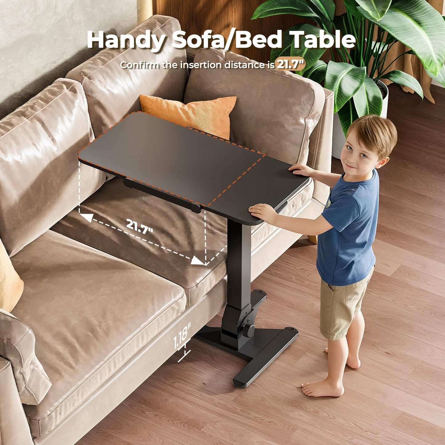 JOY worker Foldable Overbed Bedside Table, 180° Tiltable Mobile Standing Desk with Wheels, 31.5" Pneumatic Height Adjustable Rolling Laptop Desk for Home & Hospital Use, Easy Storage, Black