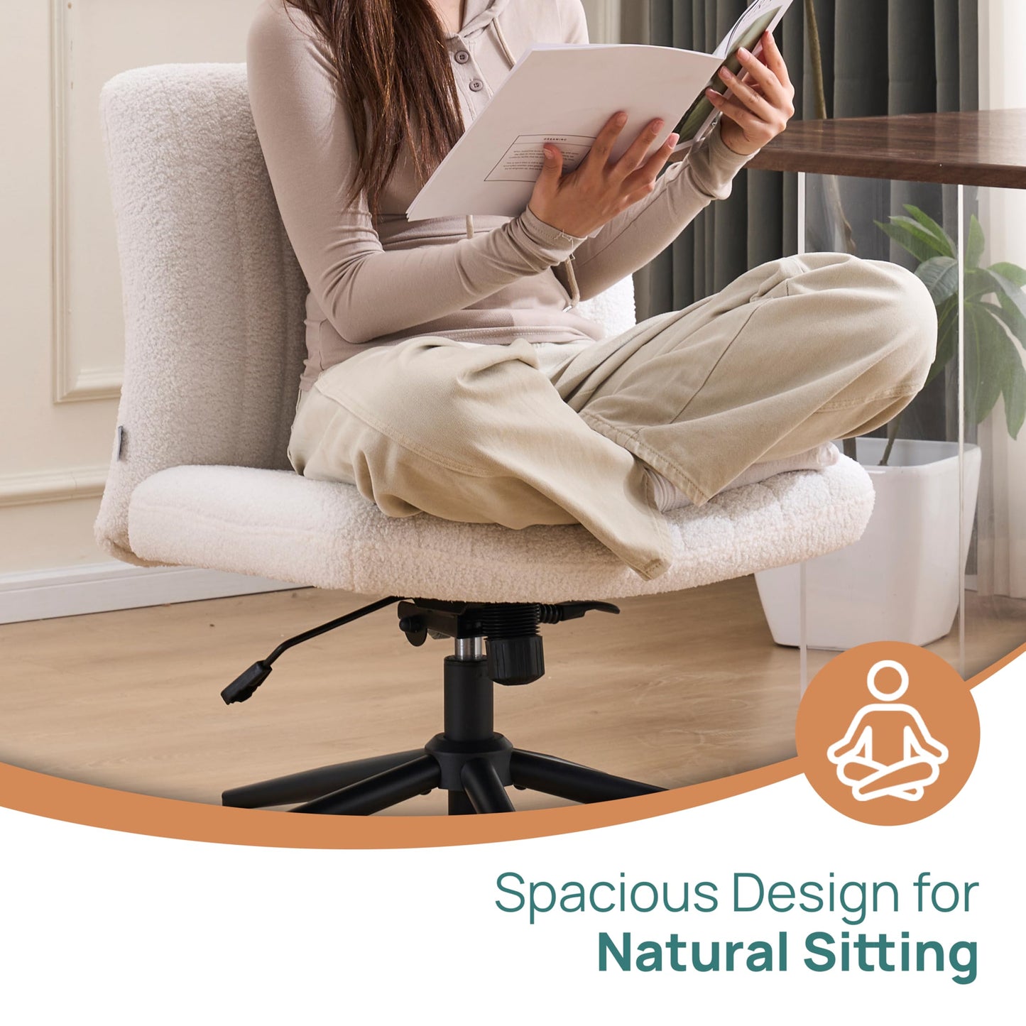 NYPOT Armless Desk Chair with Wheels for Criss Cross Sitting - Cross Legged Wide Armless Chair - Adjustable Vanity 360° Swivel Stool and 120° Rocking Wide Seat Comfy for Home and Office, White Sherpa