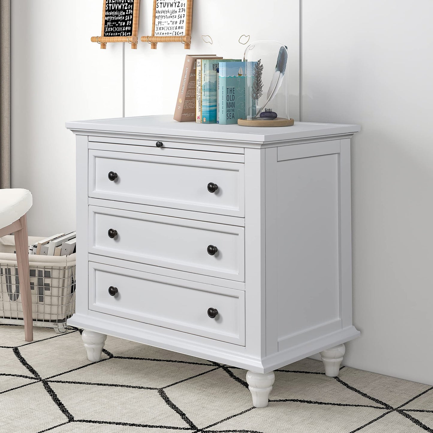 Merax Wood Nightstand with 3 Storage Drawers, Bedside End Table with Pull Out Tray, White (No Guide Rails)