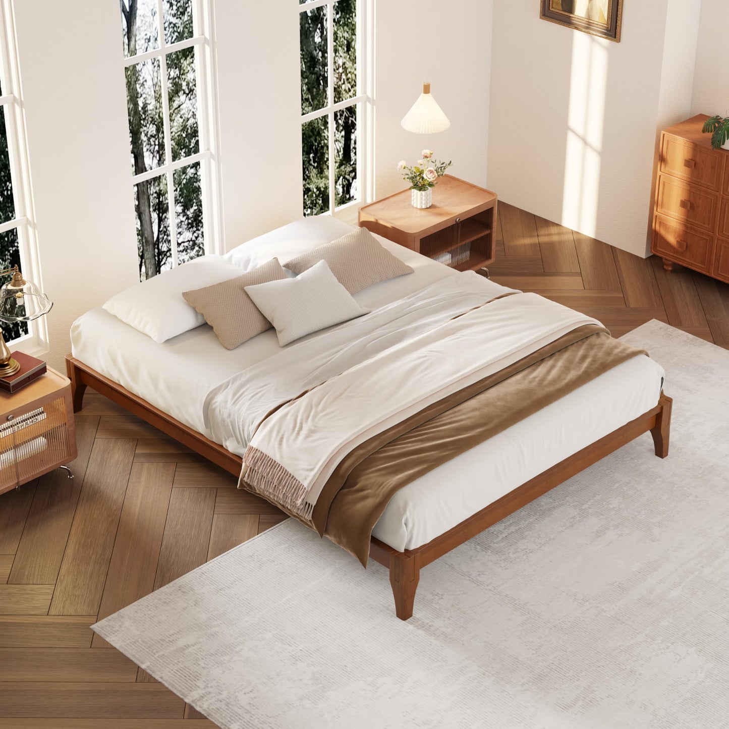 Merax King Size Bamboo Platform Bed, Mid-Century Modern Bed Frame with Wood Slat Support, No Box Spring Needed, Easy Tool-Free Assembly, Brown