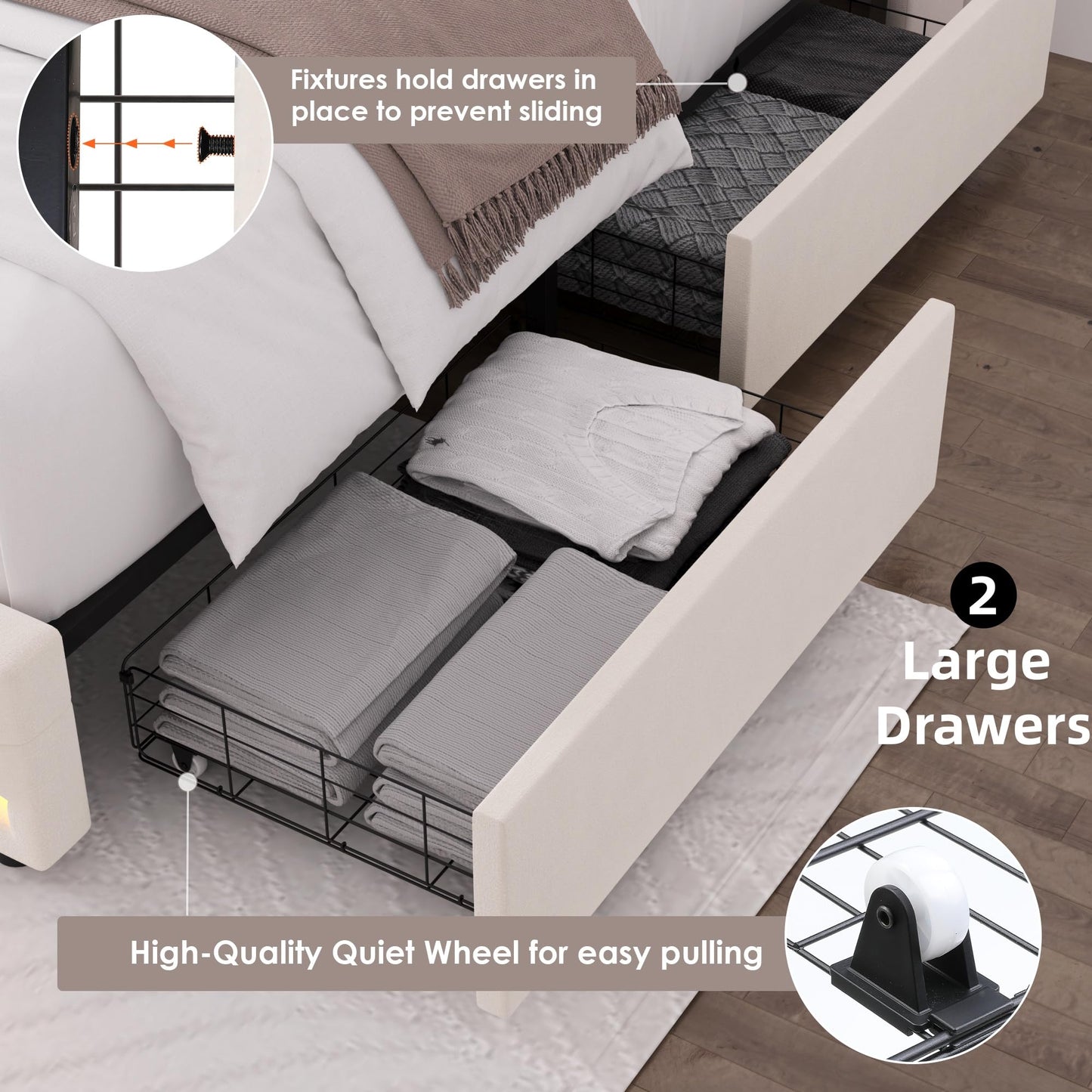 HIFIT Queen LED Bed Frame with Charging Station and 2 Storage Drawers, Velvet Upholstered Platform Bed with Handcrafted Crystal Button Wingback Headboard, Metal Frame with No Box Spring Needed, Beige