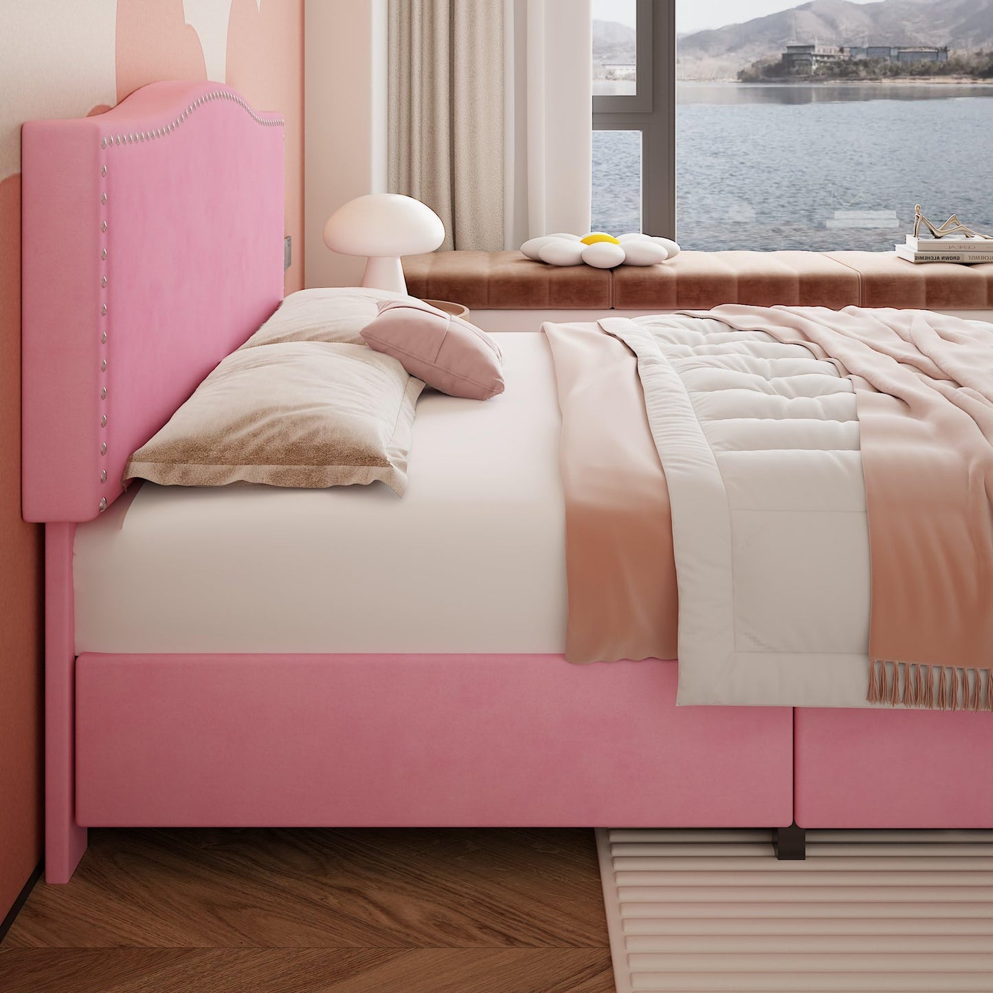 VECELO Queen Bed Frame, Platform Bed Frame with Underbed Storage Drawers and Adjustable Height Upholstered Headboard, Heavy-Duty Frame and Strong Wooden Slats Support, Noise-Free, Easy Assembly, Pink