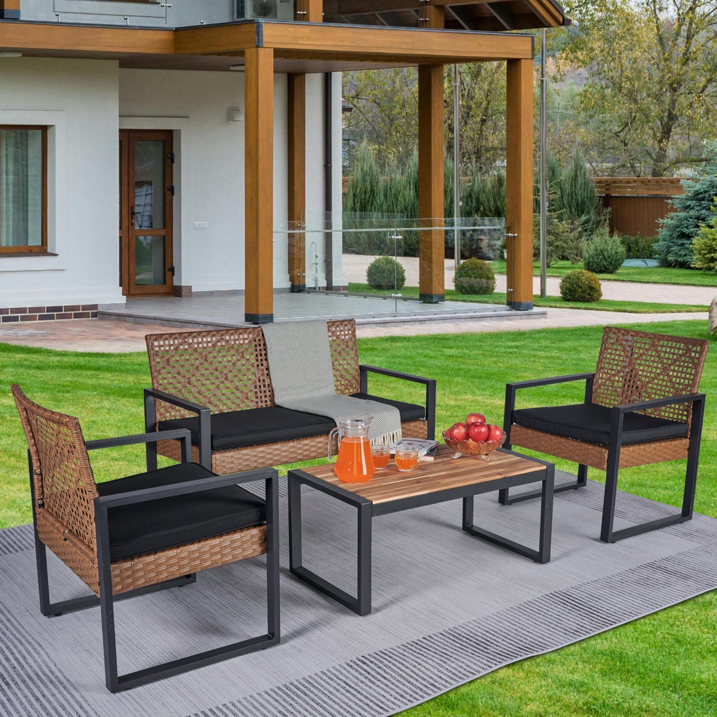 KEIKI 4PC Outdoor Patio Wicker Furniture Chat Conversation Set with Acacia Wood Table Top Backyard Porch Balcony