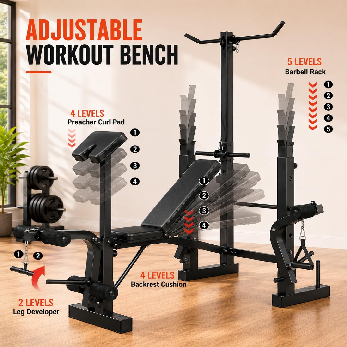 Weight Bench Set with Leg Extension & Preacher Curl Pad, 9-In-1 Adjustable Workout Bench Press with LAT Pulldown, Butterfly Arms & Squat Rack, Multi-Function Strength Training Equipment for Home Gym