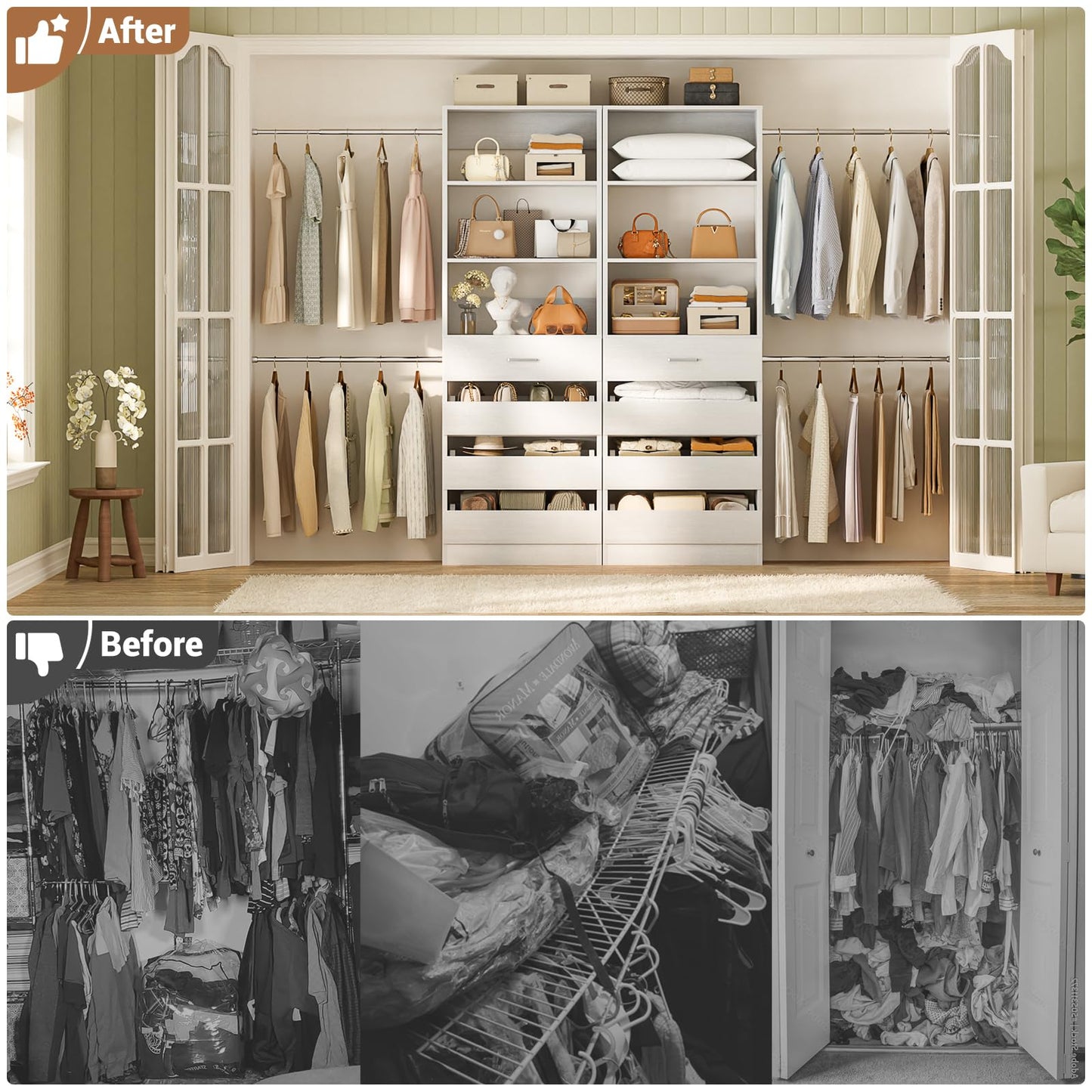 Aheaplus Closet System, 6-15Ft Closet Organizer with 8 Wooden Drawers, Wood Closet Organizer System with Tower, Walk-in Closet Organizer Wardrobe Clothes Rack with 4 Hanging Rods, Garment Rack, White