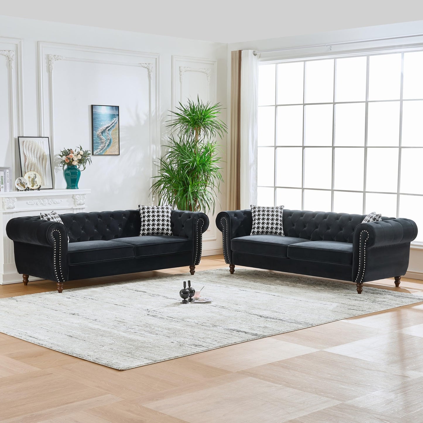 KEIKI 89" ‌Chesterfield Velvet Sofa, Mid Century Modern 3 Seater Couch w/Roll Armrest & Nailhead, Comfy Upholstered Sleeper Cloud Couches SofaBed for Office Apartment Living Room, Easy Assembly, Black