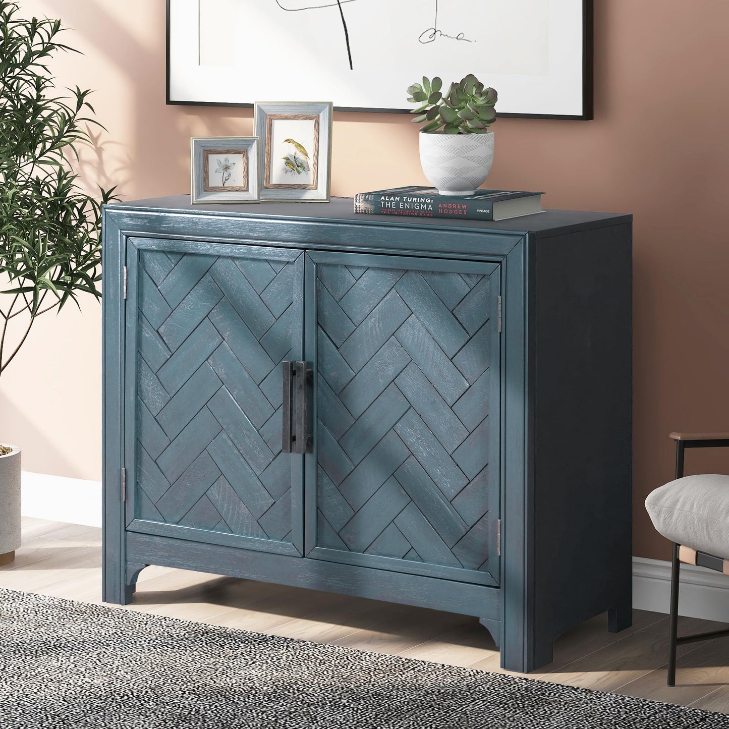Merax Wood Farmhouse Buffet Sideboard with Adjustable Shelves Wood Coffee Bar Cabinet Sofa Table for Living Room Bedroom Dinning Room Antique Blue