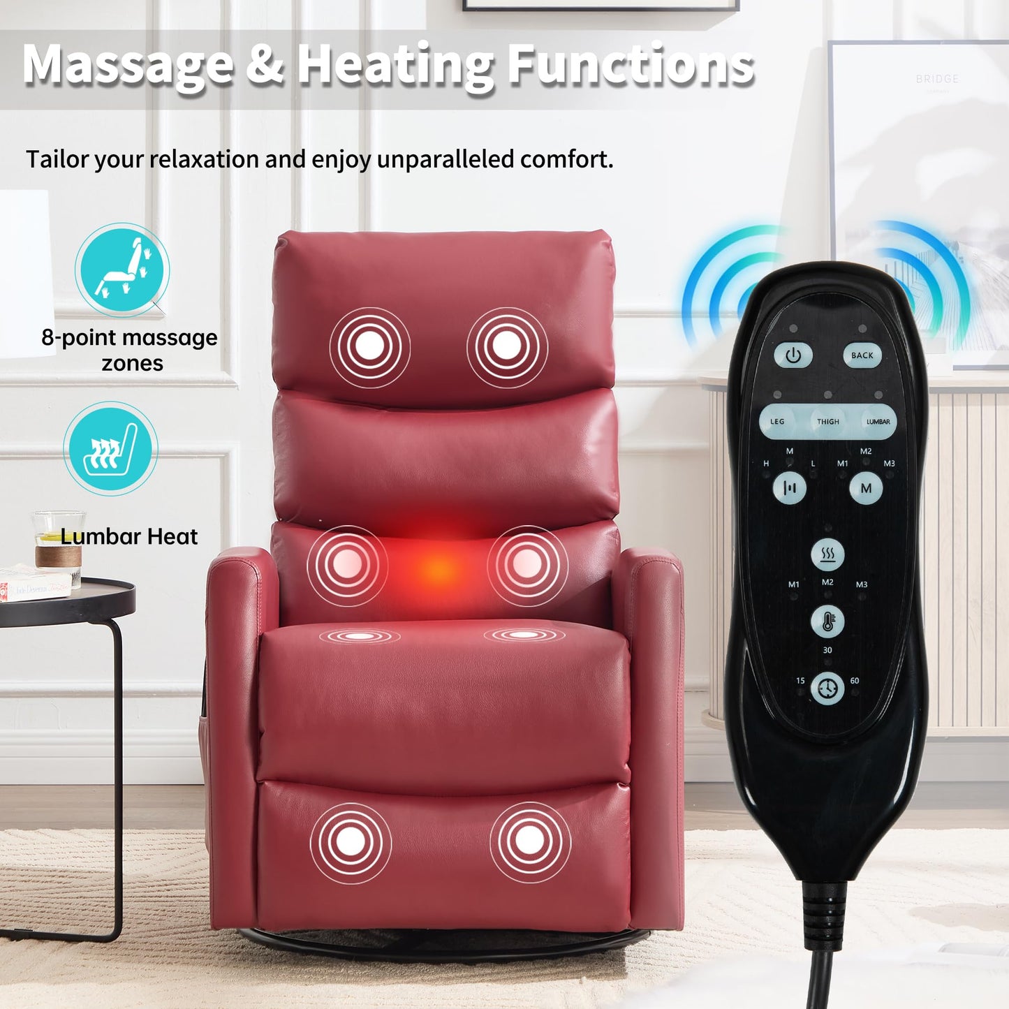 KEIKI 4-in-1 Manual Swivel Rocker Recliner Chair for Home Living Room, Faux Leather Chair with Back Massager & Heat, Home Theater Seating with Lumbar Support, Comfy Reading Chairs for Adults, Red