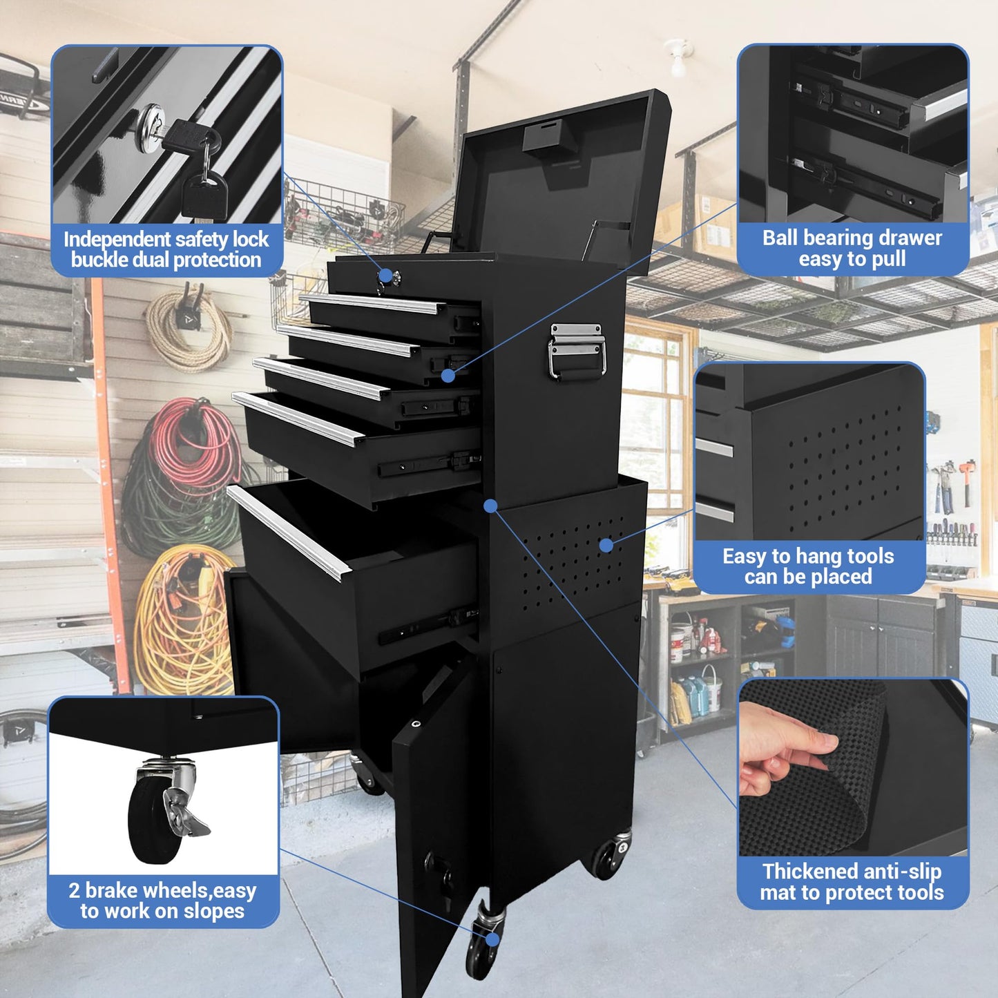 5-Drawer Rolling Tool Chest with Wheels & Lock, Heavy Duty Metal Tool Storage Cabinet with Removable Top Chest, Mobile Garage Storage Organizer for Workshop, Black