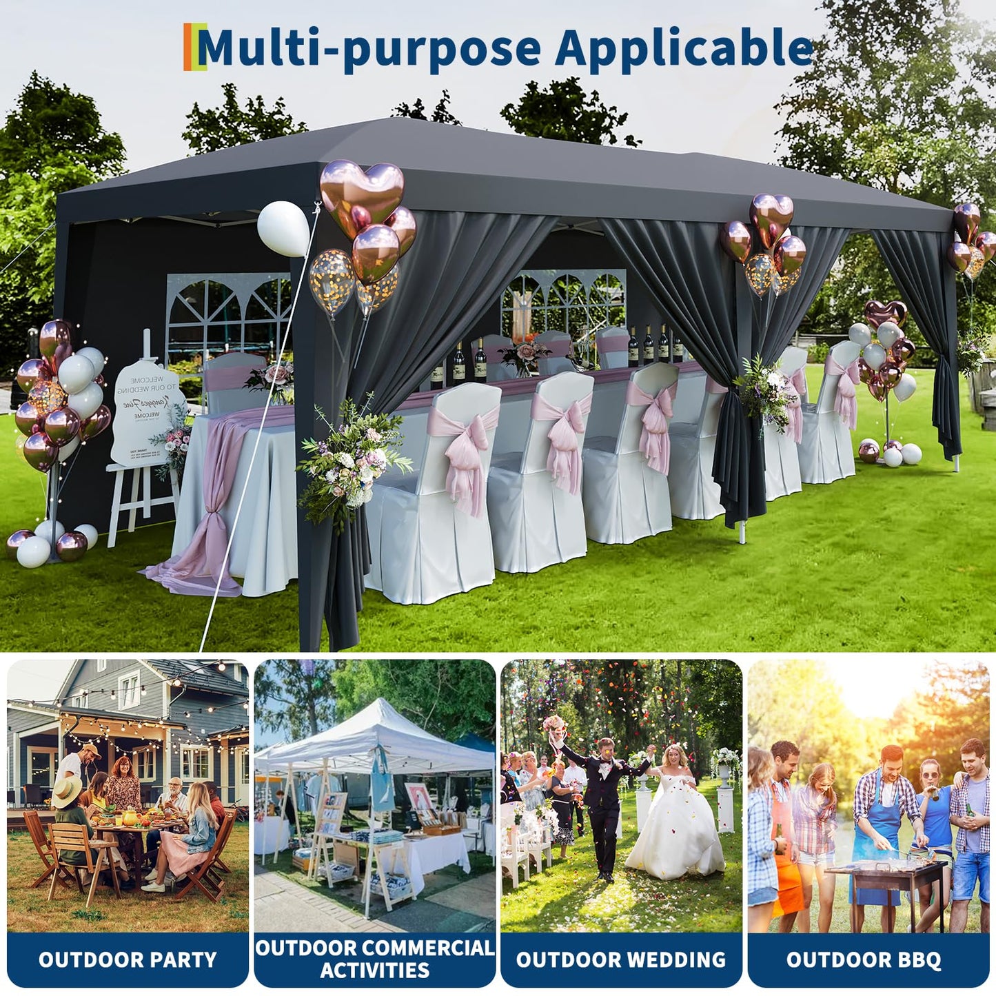 Garvee 10x20 Pop Up Canopy Tent with 6 Removable Sidewalls, Easy Up Commercial Canopy Tents for Parties, Large Heavy Duty Outdoor Canopies with 3 Adjustable Heights, Stakes X18, Ropes X6, Grey