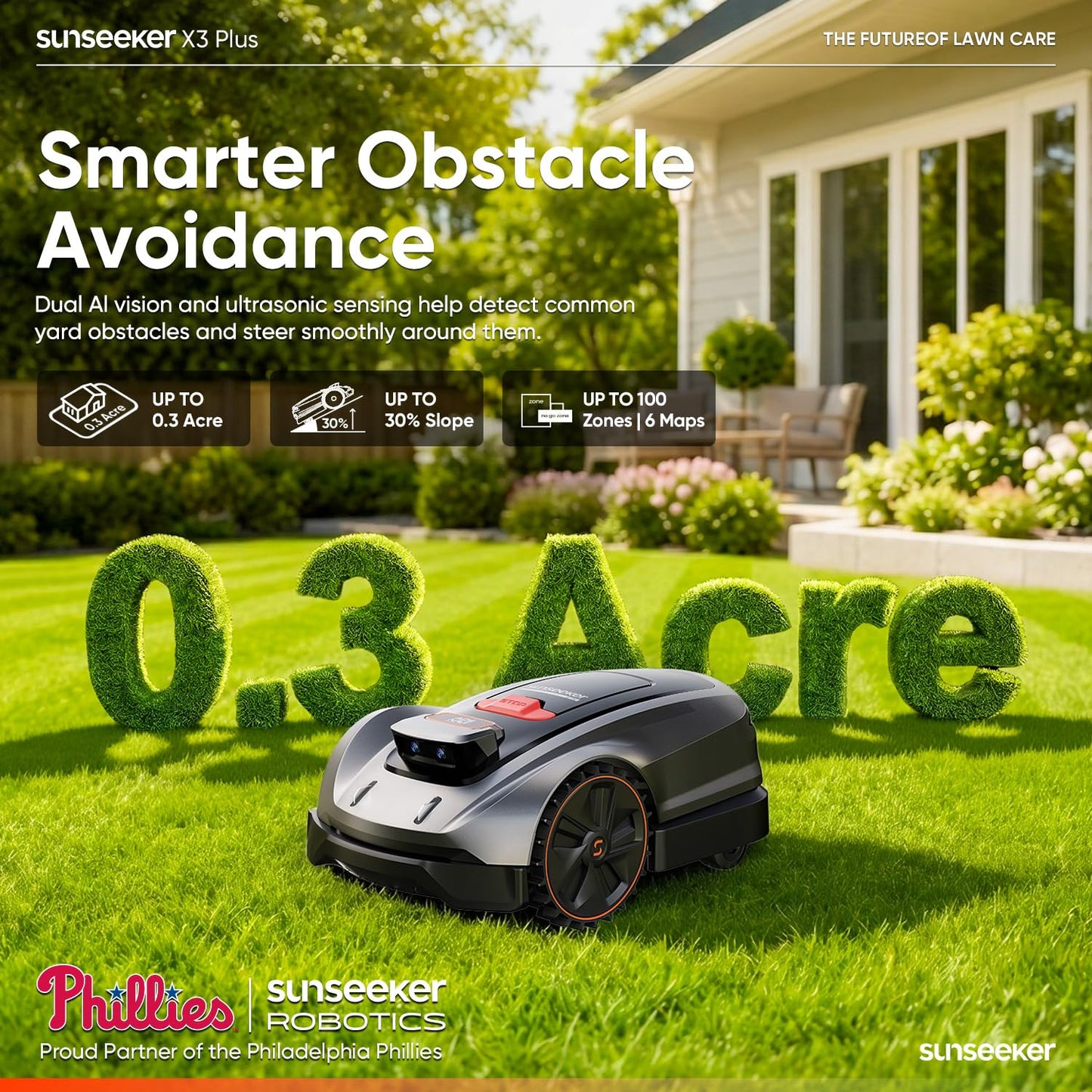 Sunseeker X3 Plus Robot Lawn Mower, Wire-Free Robotic Mower for 0.3 Acre, RTK + Vision AI Navigation, Vision AI Obstacle Avoidance, Ride-on-Edge Cutting, App Control.Multi-Zone Management
