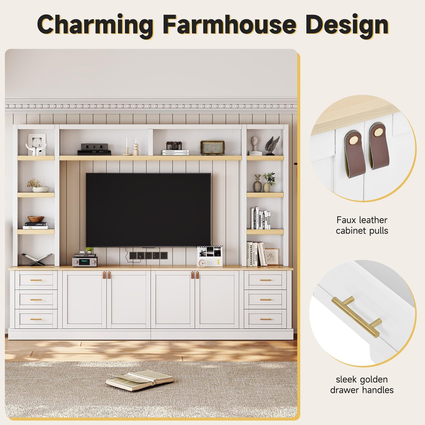 Merax 102.3 Inch Wide Farmhouse Entertainment Center, Rustic TV Stand with 6 Drawers & Adjustable Shelves, Large Media Console for TVs up to 75", Modern Bookshelves Wall Unit, White