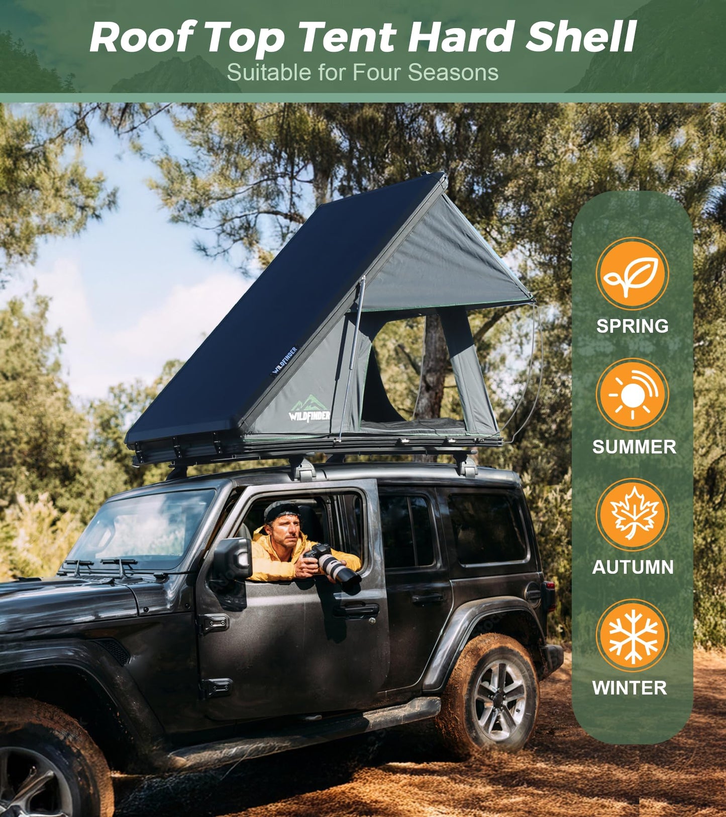WildFinder Rooftop Tent Hard Shell Roof Top Tent Hardshell Suitable for Jeep SUV Truck Van, 2-3 Person, Gray