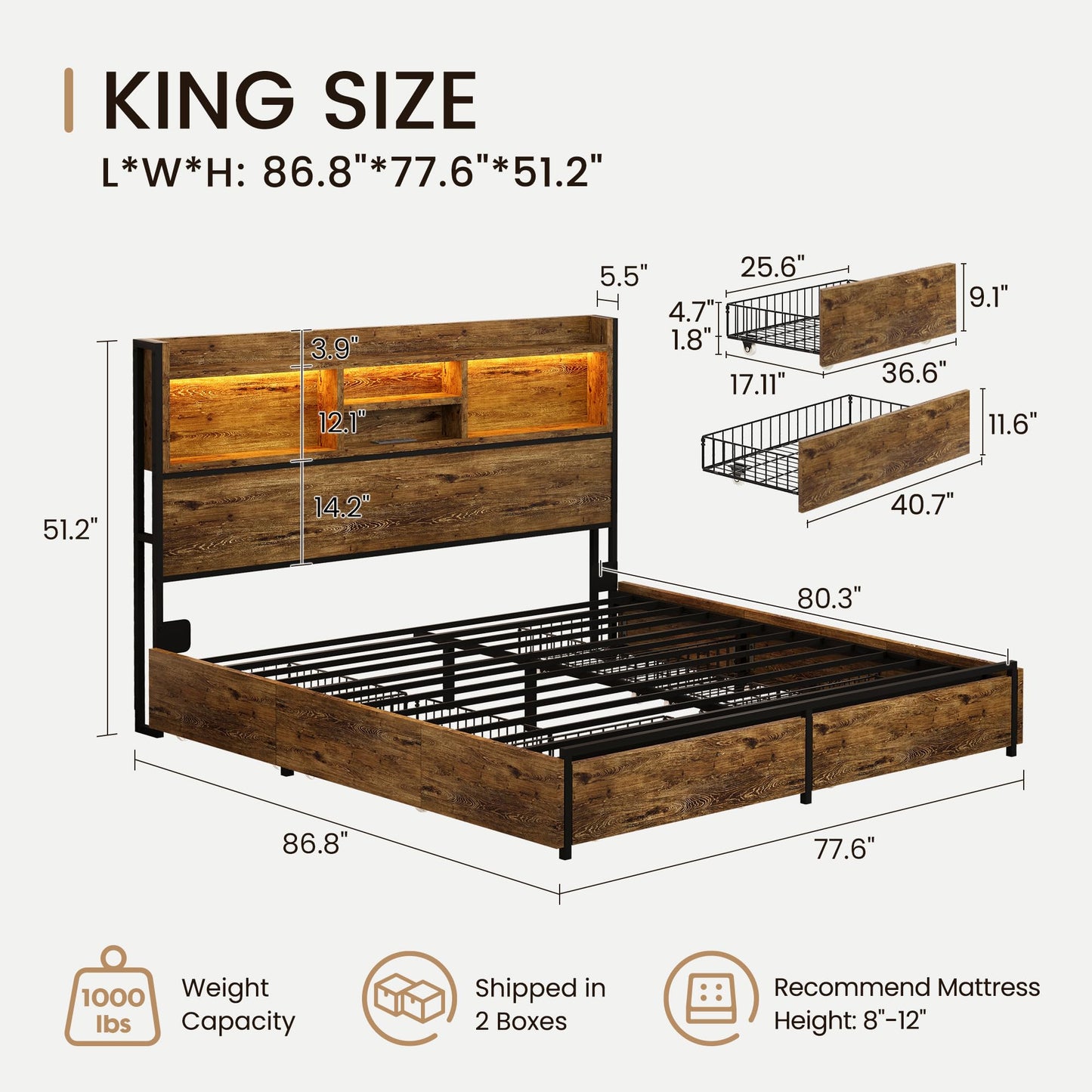 BRELTAM King Storage Bed Frame with 6 Drawers, USB Charging Station, No Noise, No Box Spring Required, Vintage Brown Headboard Platform Bed