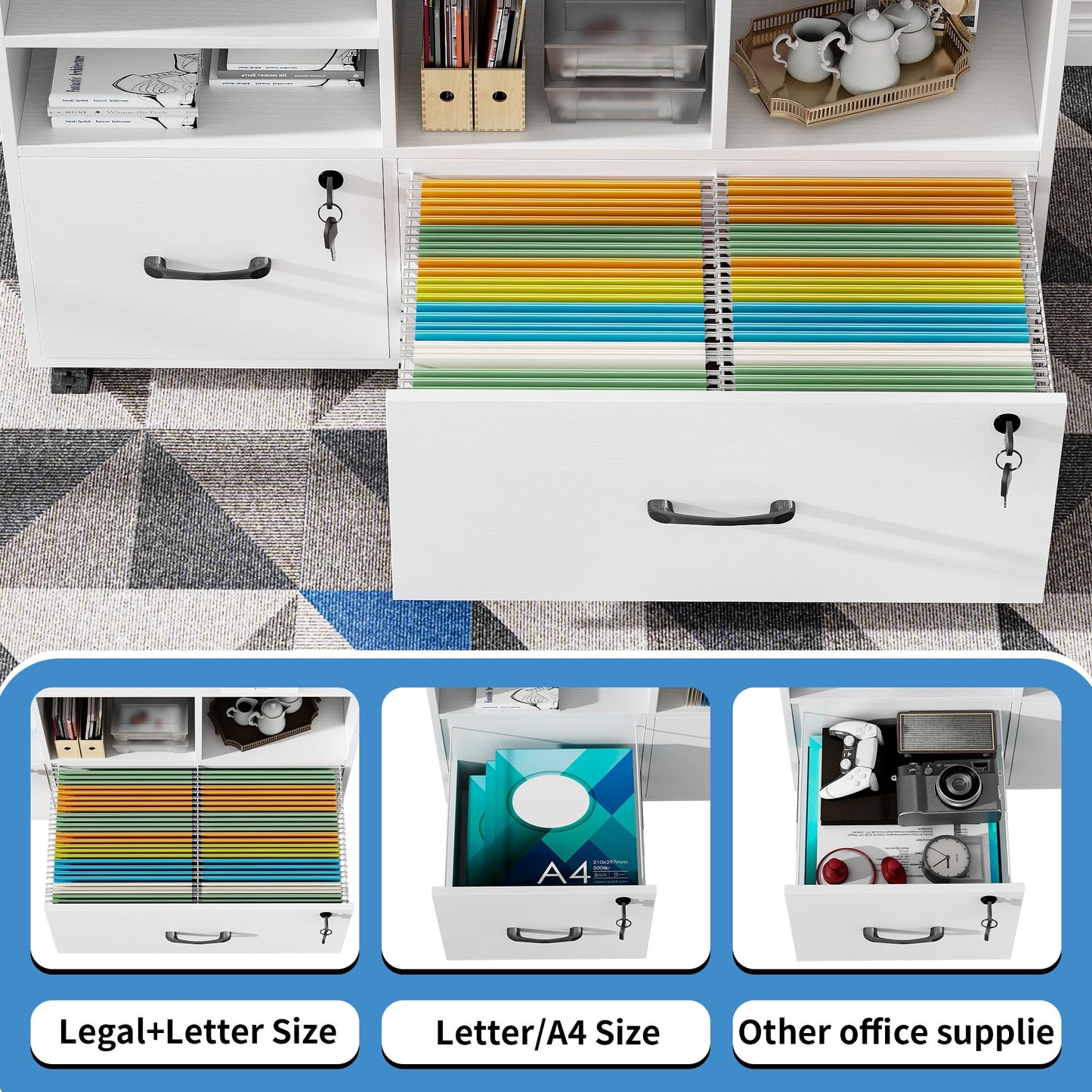 kepptory 2 Drawer Wood Mobile Large Lateral File Cabinet, Lockable Rolling Filing Cabinet with Storage Shelves, Printer Stand Office Storage Cabinet for Home Office Fits Files Legal/A4, White