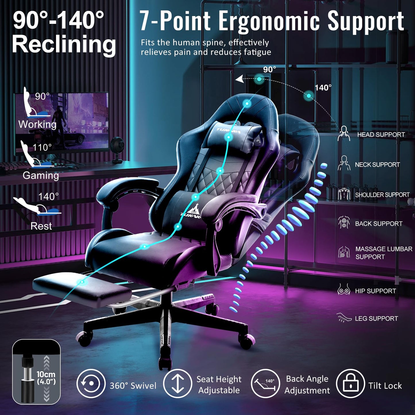 TUKAKA Gaming Chair,Ergonomic Massage Computer Office Desk Chair with Footrest,Pocket Spring Cushion,Reclining Leather Adjustable Gamer Chair with Headrest and Lumbar Support,Black