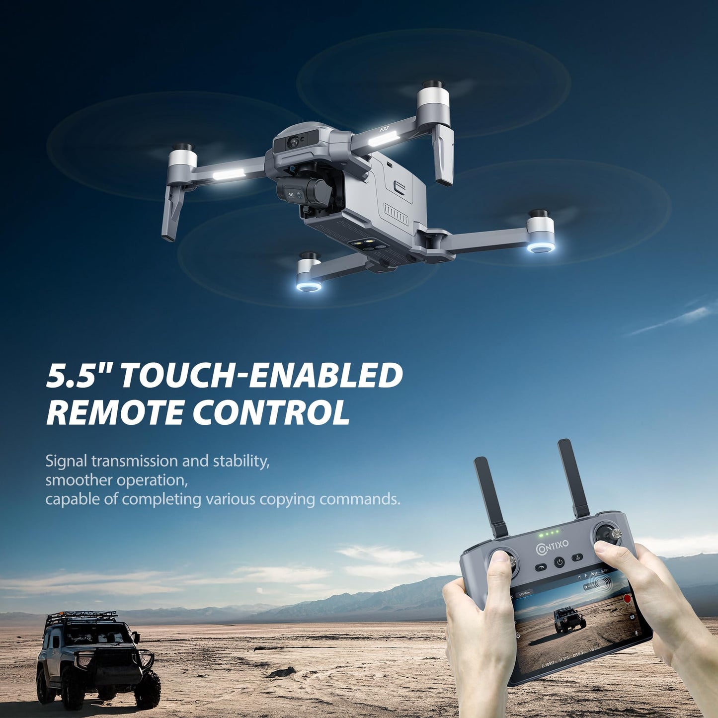 Contixo F33 Professional Drone - 4K/30FPS Camera, GPS & Optical Flow, 2-Axis Gimbal + EIS, 5.5" Touchscreen Remote, Obstacle Avoidance, 4-Mile FPV, 42-Min Flight, Hunting & Outdoor Tracking