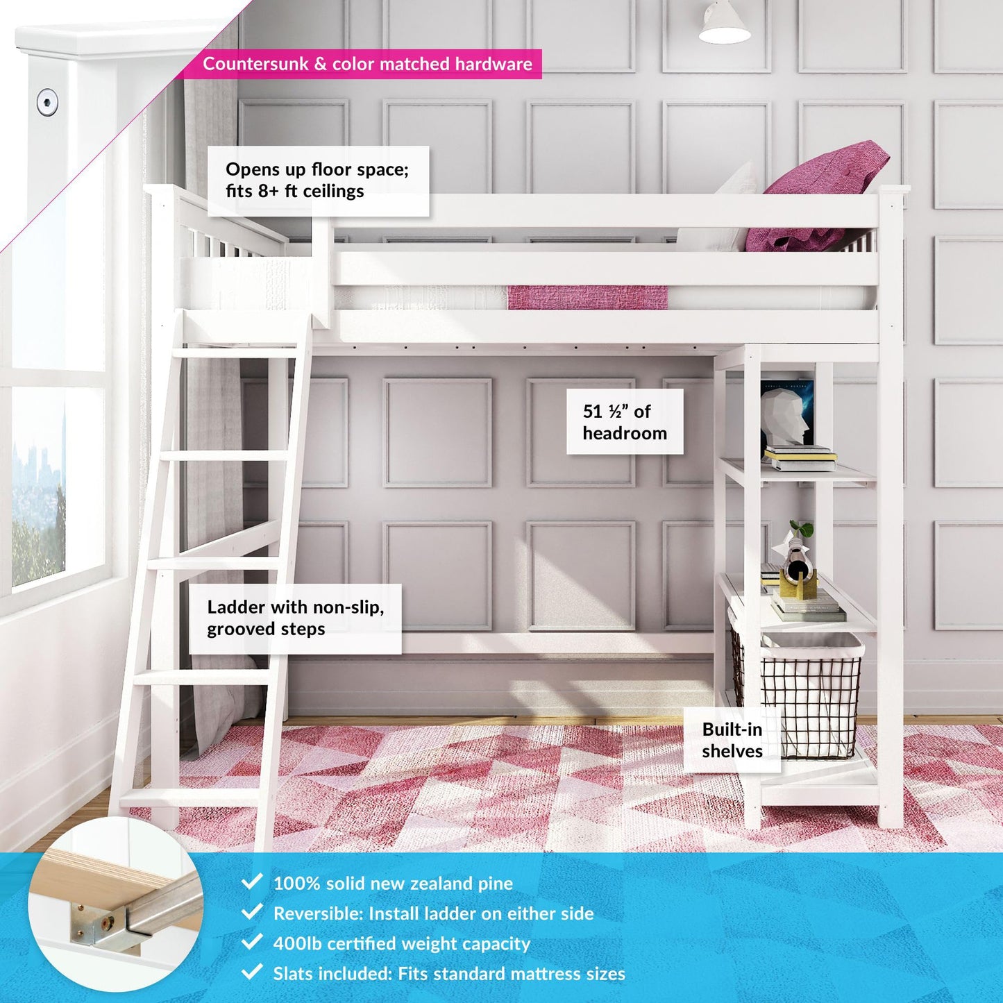 Max & Lily High Loft Bed, Twin Bed Frame For Kids With Bookcase, White