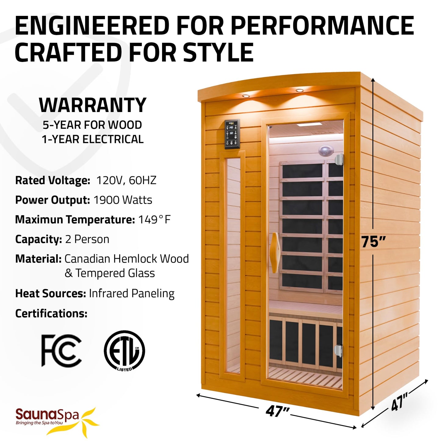 SaunaSpa Indoor 2-Person Infrared Sauna Room | Canadian Hemlock Wood Cabin Sauna with Low EMF Infrared Heating Panels, Bluetooth Audio, Tempered Glass Door, and Backrest with Chromotherapy Lighting