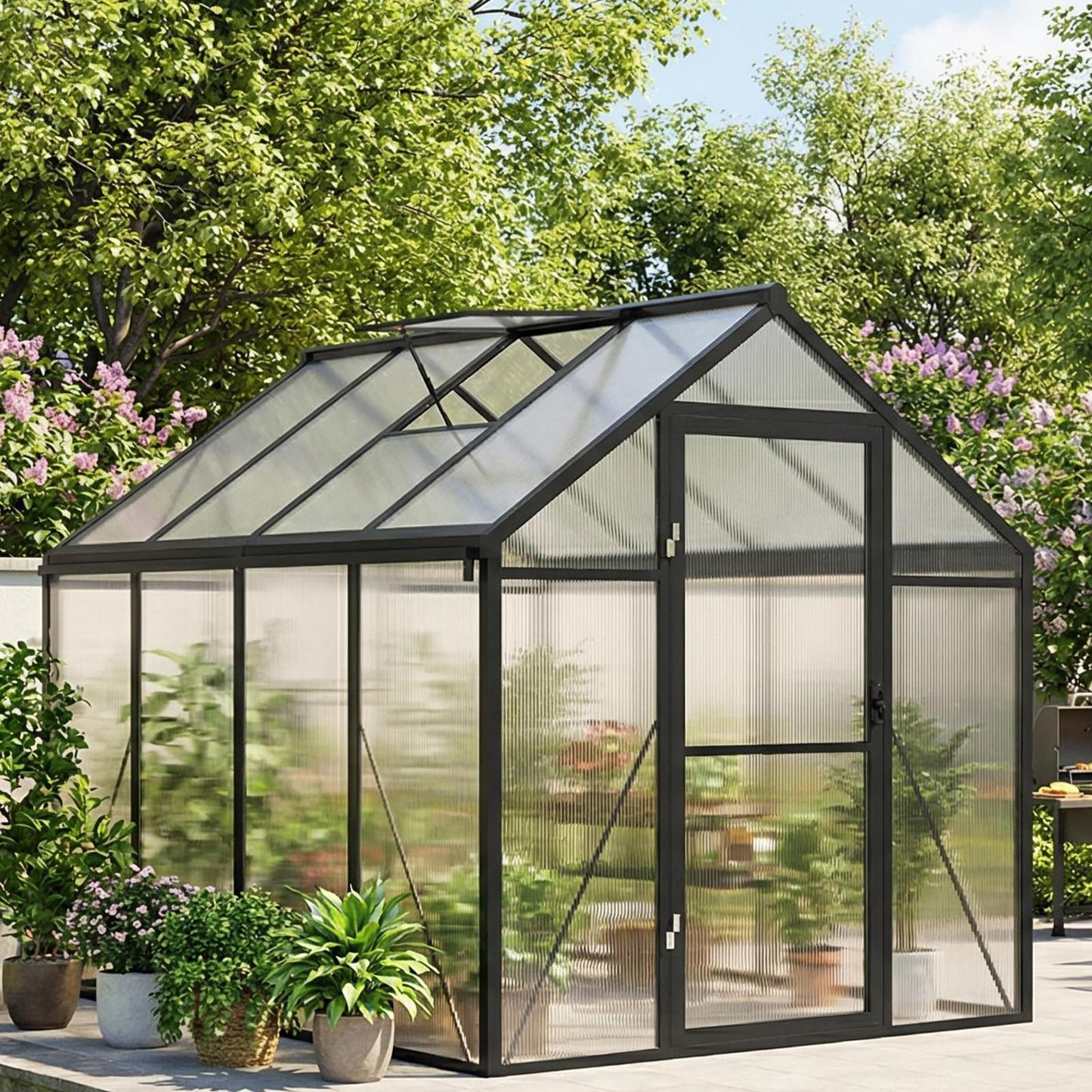 6x8ft Greenhouse Aluminum Greenhouse for Outdoors with Roof Vent, Lockable Outward-Opening Swing Door, Heavy-Duty Polycarbonate Walk-in Green House for Garden, Backyard, Patio, Lawn, Dark Grey