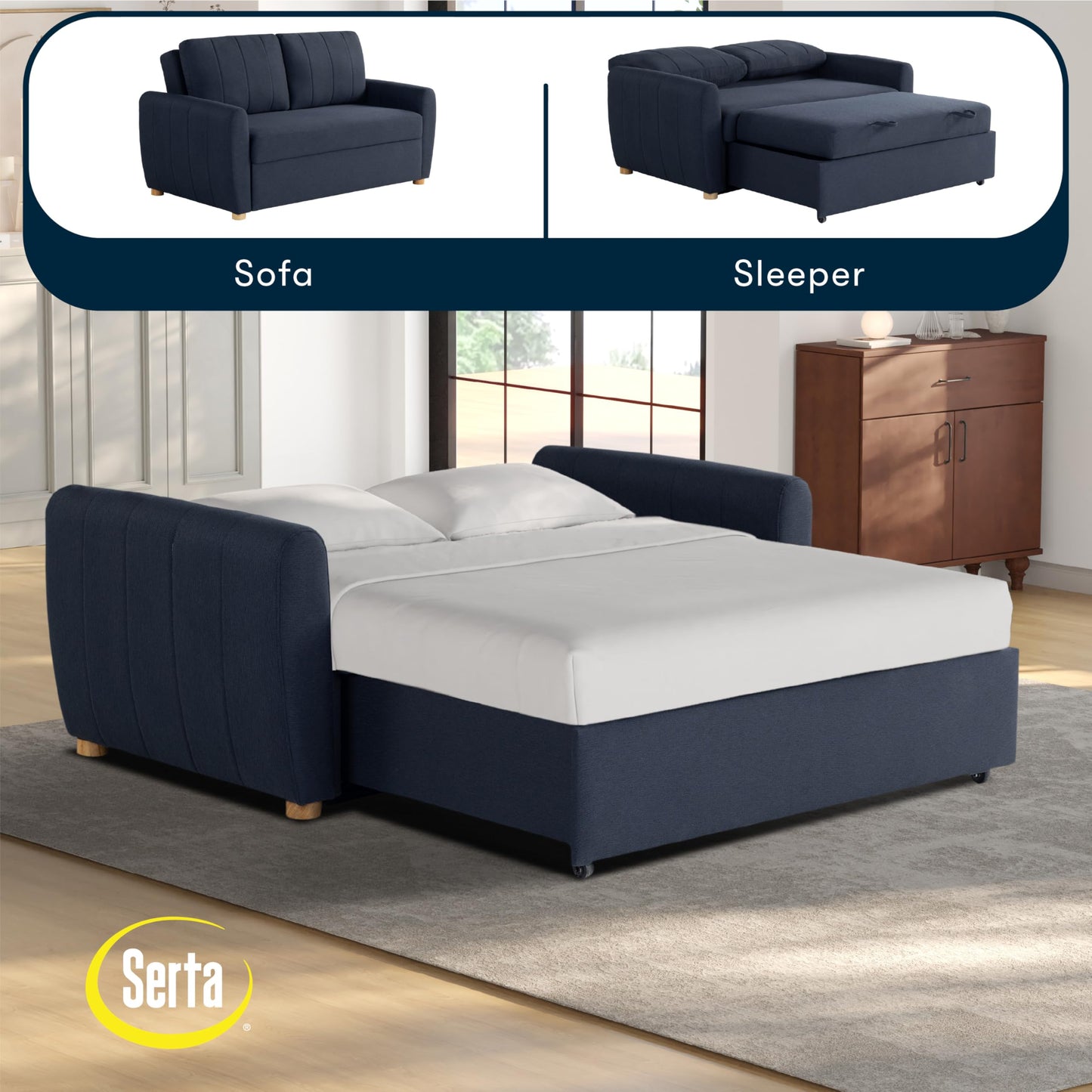 Serta® Galway 66.5" Full-Size Convertible Pop-up Sofa, Dream Coil® Comfort, Finger Guard® Pinch Point Protection, Woven Polyester Fabric, Navy Blue