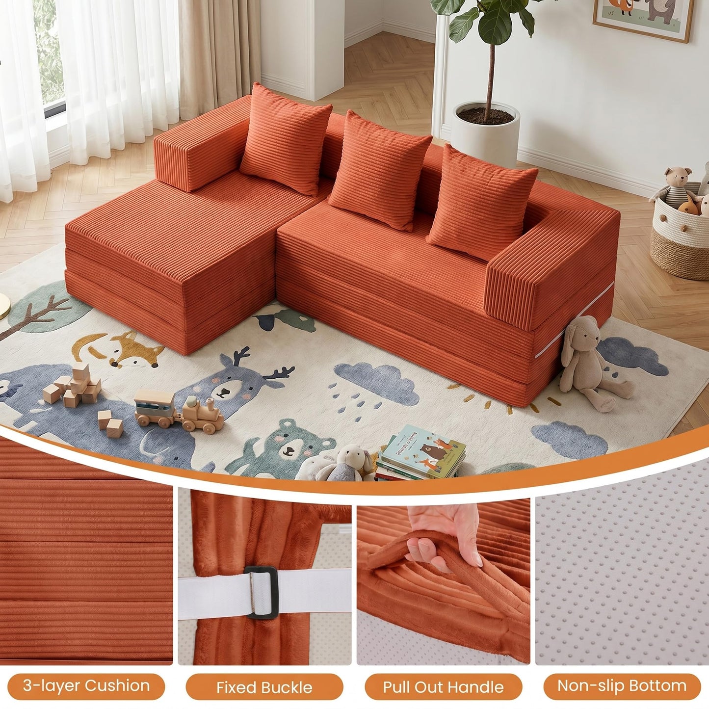 65" Modular Sectional Sofa, Boneless Convertible Sleeper Sofa Bed, Modern Tri-Folding Cloud Couch with L-Shape Chaise, Corduroy Futon Couches for Living Room Small Spaces Apartment,No Assembly, Orange