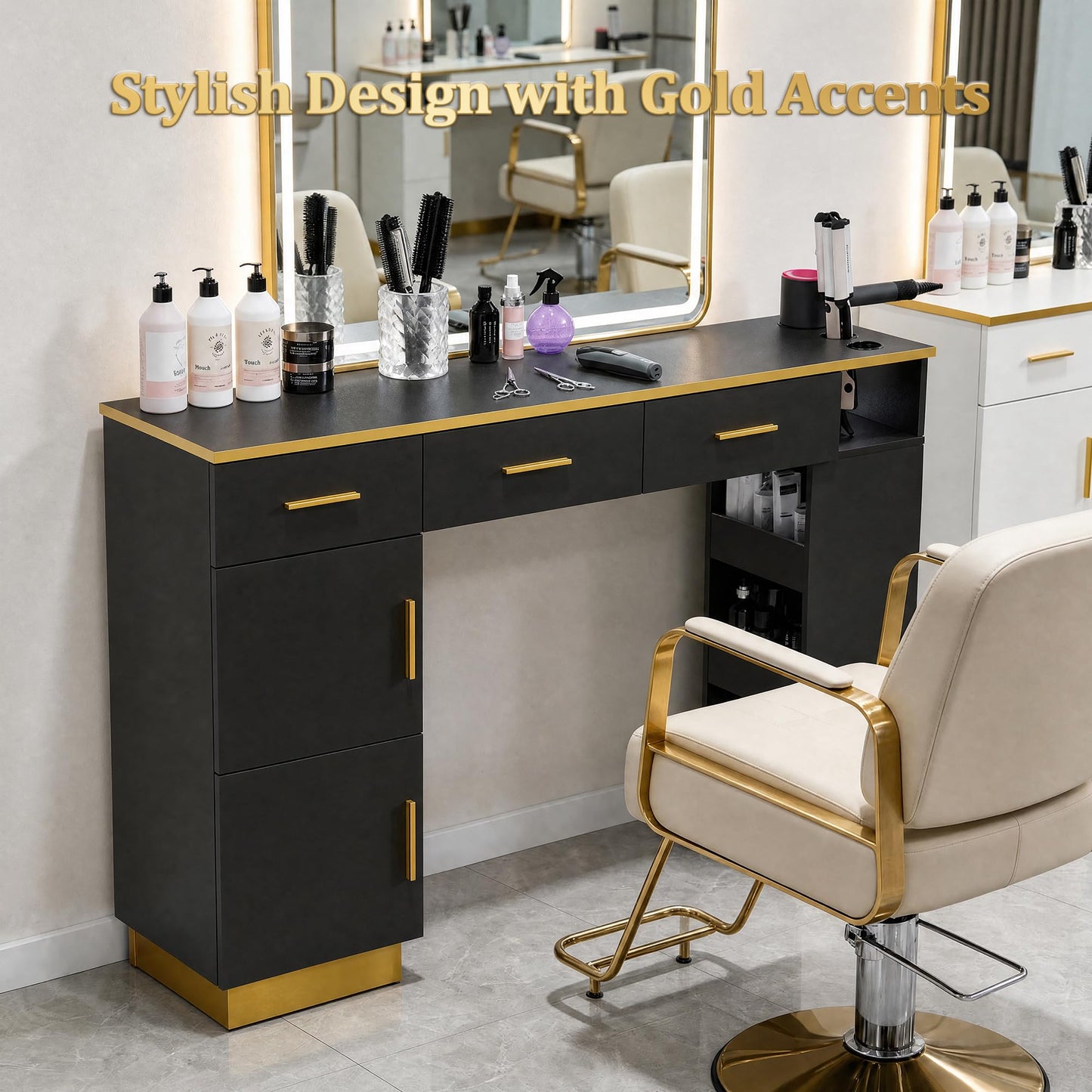 Oakvera Salon Station for Hair Stylist, Freestanding Barber Desk with 2 Cabinets, 3 Drawers & Open Storage Shelves, Hair Salon Furniture for Salon, Spa & Beauty, Black