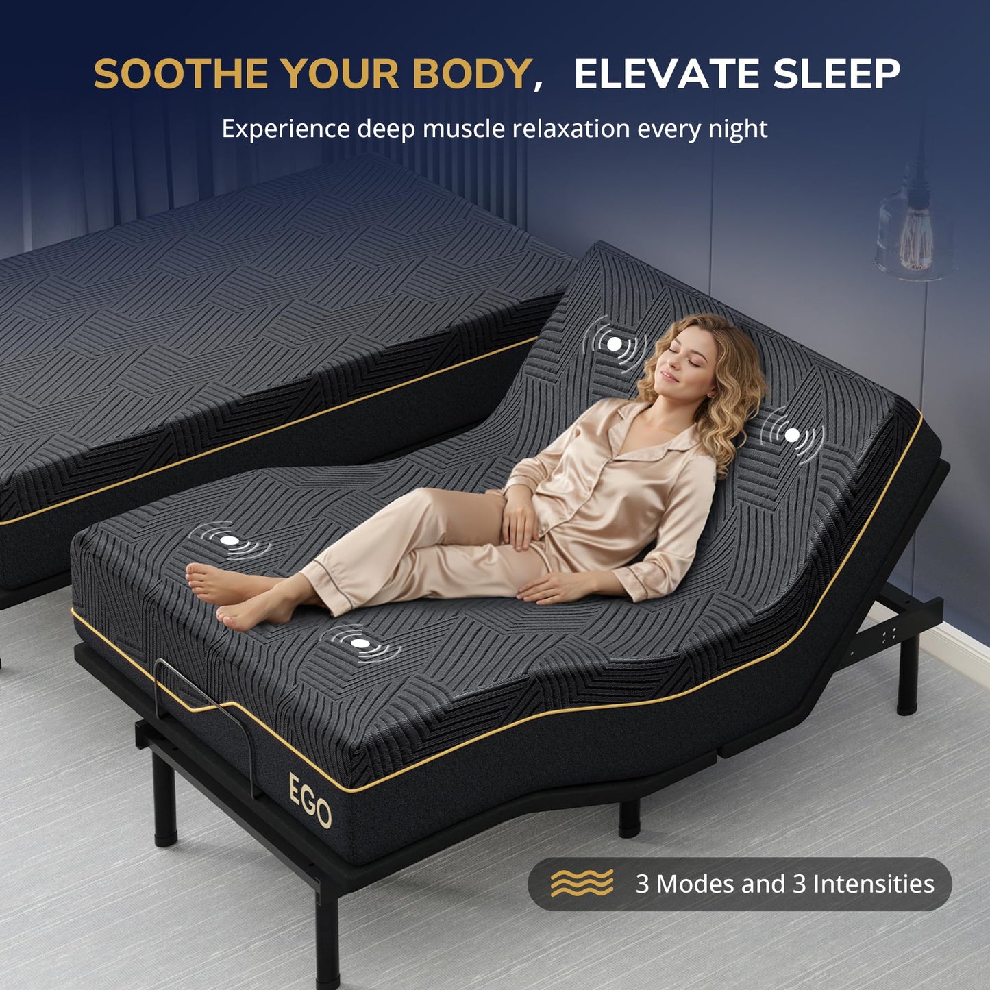 EGOHOME Split King Adjustable Bed Frame and 14" Memory Foam Mattress, Independent Head and Foot Incline Electric Bed with Massage, Wireless Remote, Zero Gravity, LED Lights, USB Ports, Adjustable Legs