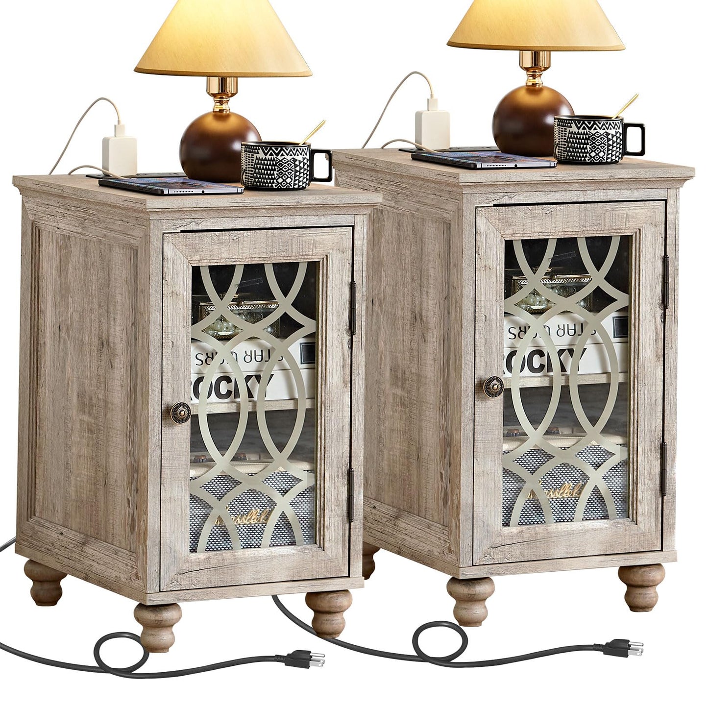 Joaxswe Narrow Side Table with Charging Station Set of 2, Night Stand with Glass Door,Bedside End Tables with Adjustable Shelf Storage Cabinet,Wood Nightstand for Small Spaces Living Room Bedroom