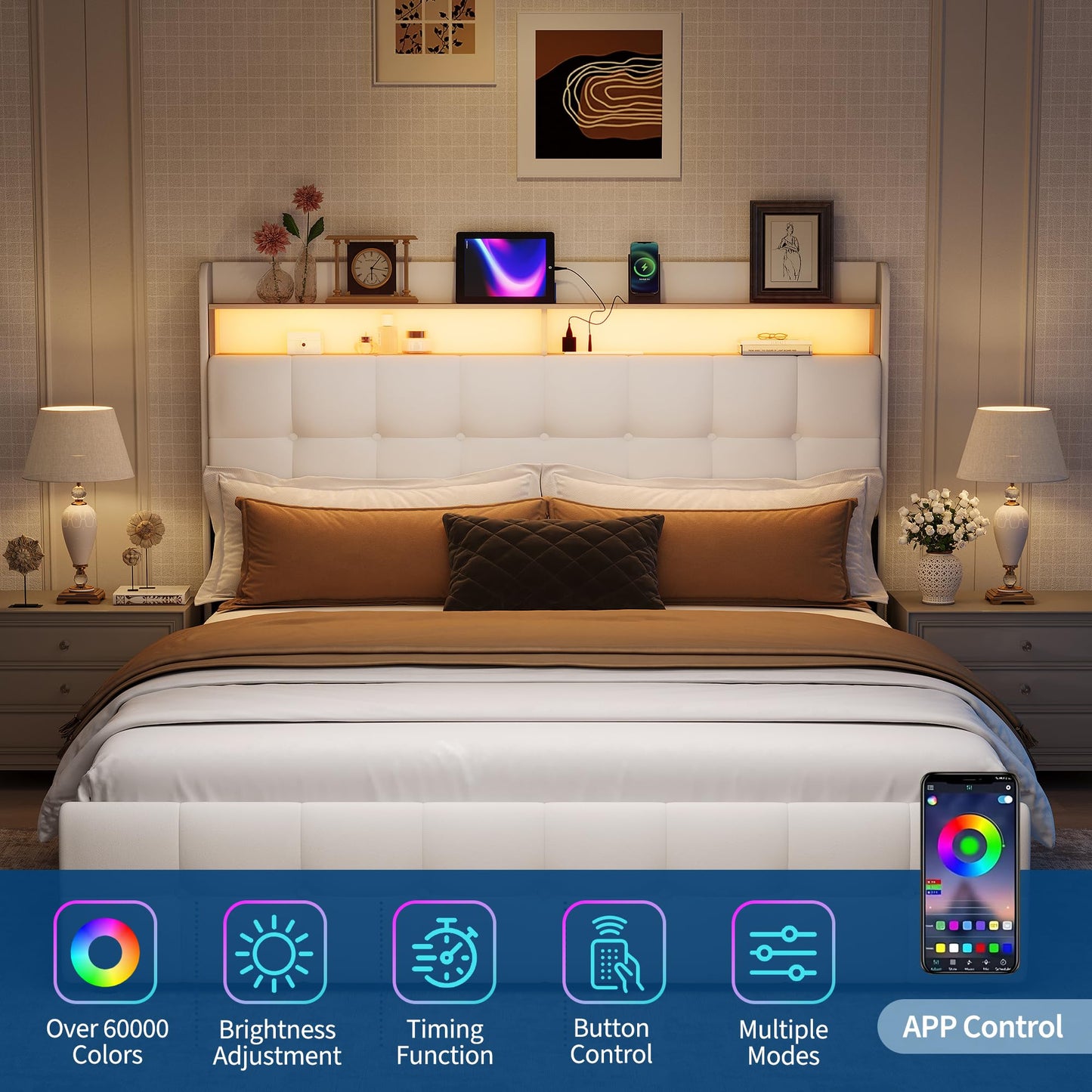 Garvee Queen Size Bed Frame with 2 Storage Drawers, Upholstered Bed Frame Queen with LED Light, Double-Layer Bedside Headboard with Charging Socket and USB Port, Soft Plush Fabric, White